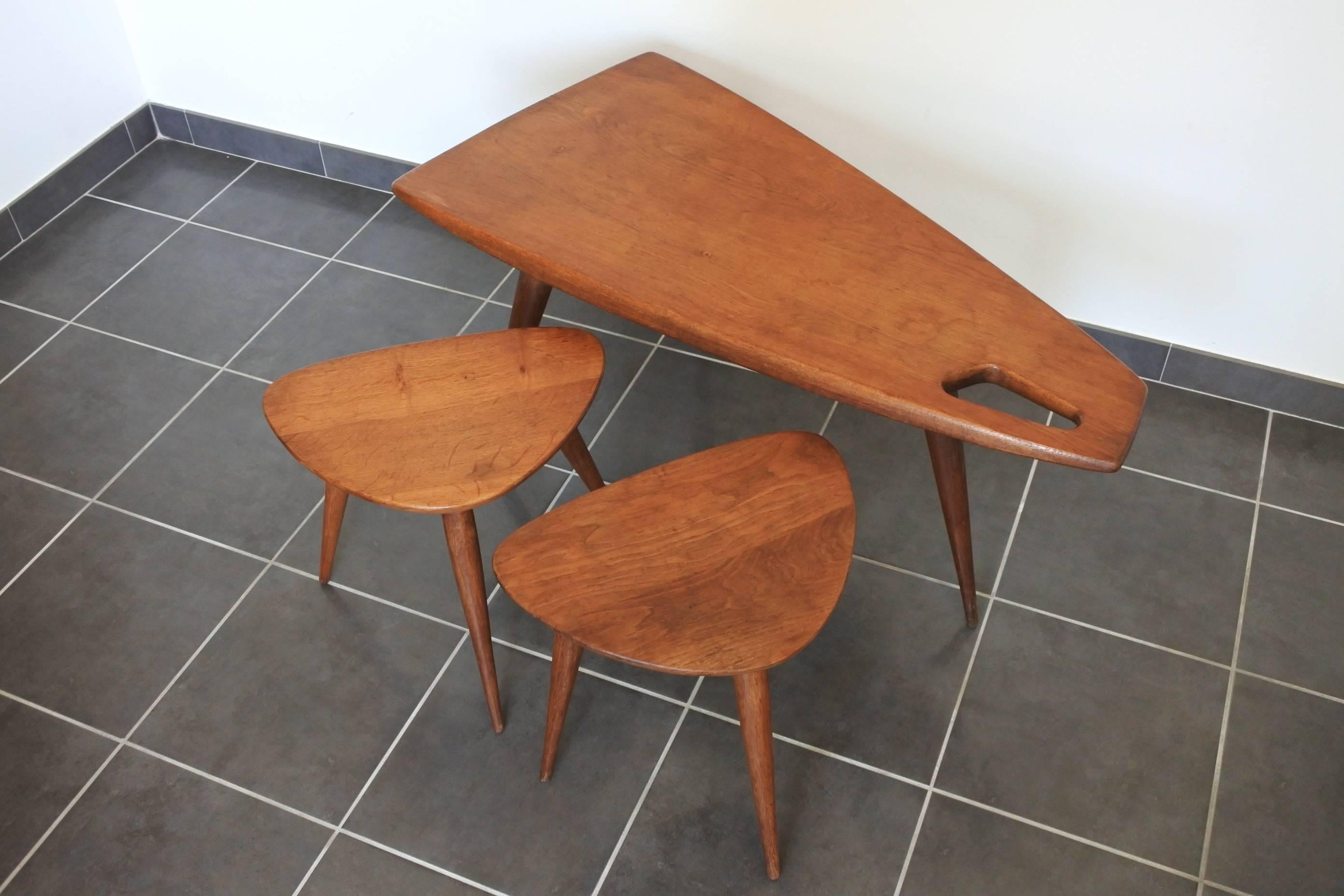 French Pierre Cruège Set of One Coffee and Two Side Tables, Solid Oak, France 1950s