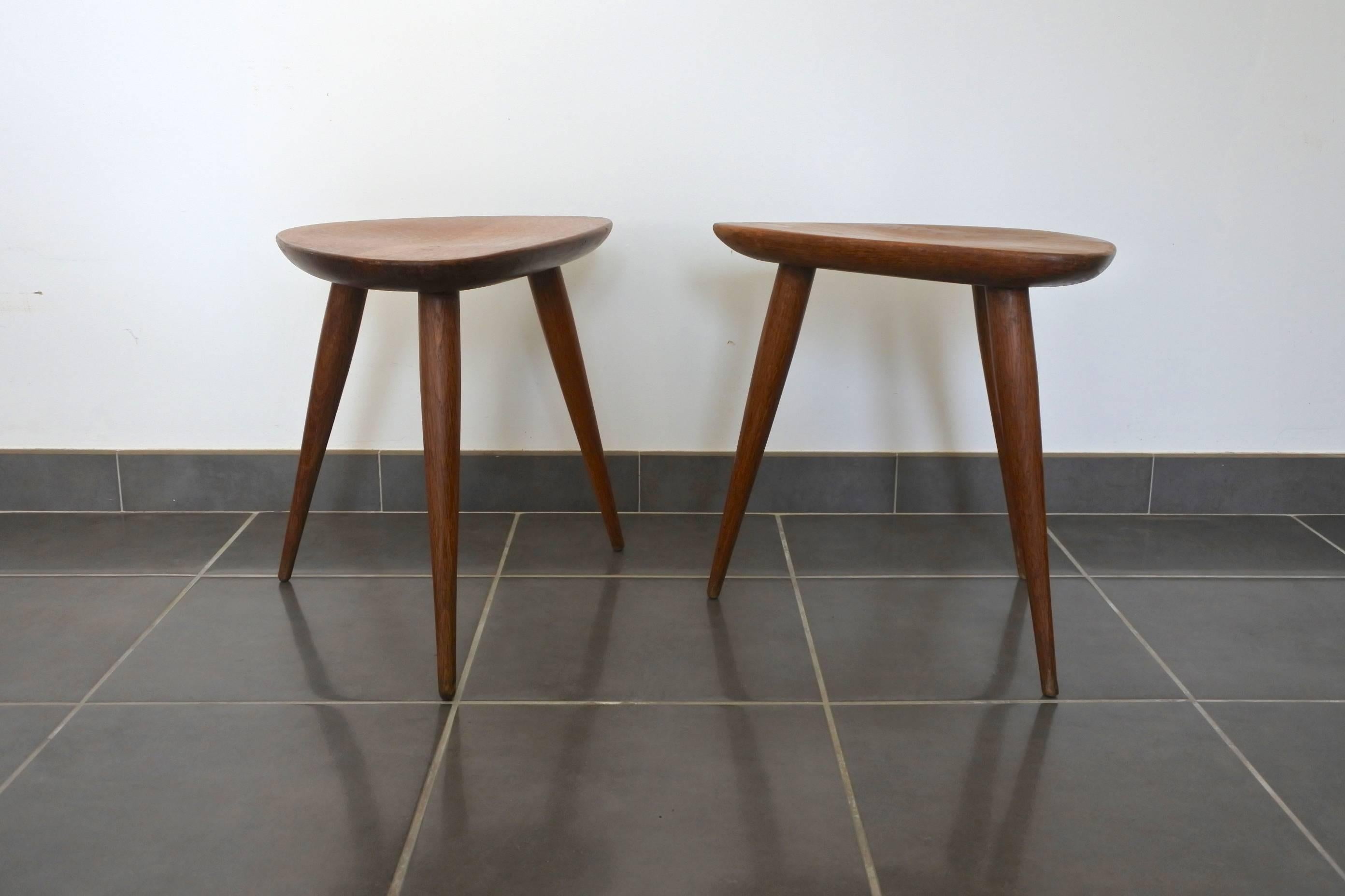 Pierre Cruège Set of One Coffee and Two Side Tables, Solid Oak, France 1950s 1