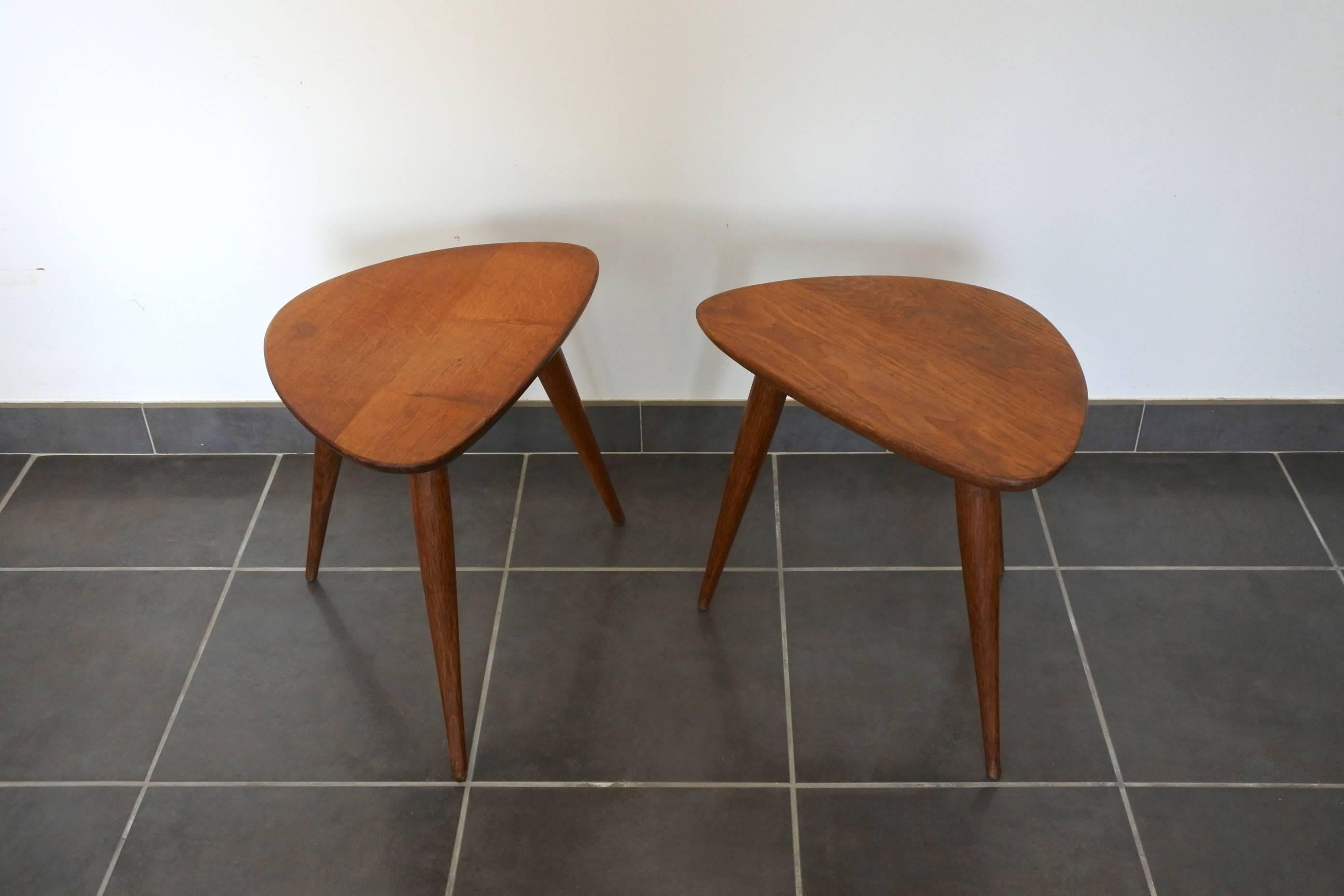 Pierre Cruège Set of One Coffee and Two Side Tables, Solid Oak, France 1950s 3