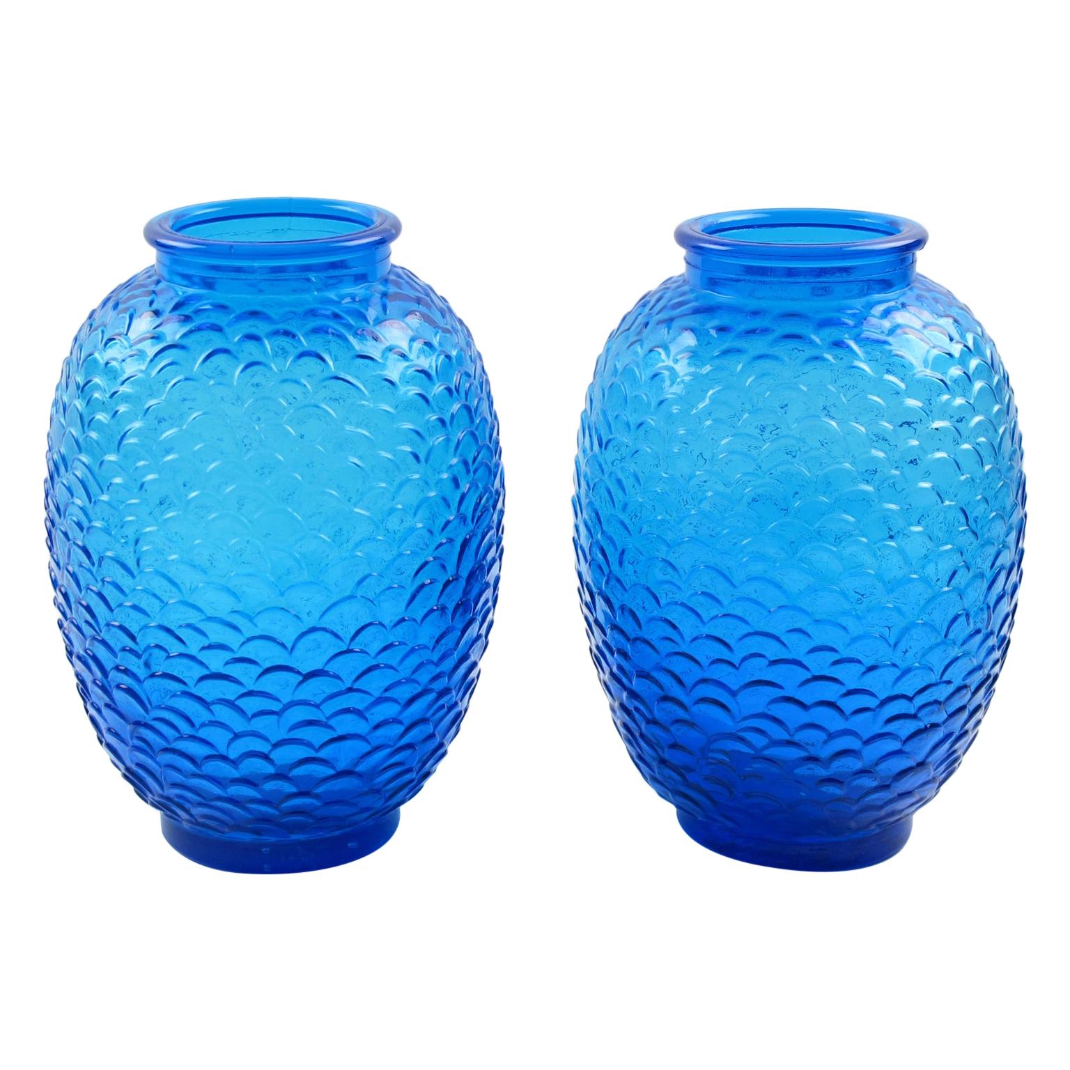 Pierre D'Avesn for Choisy-le-Roi Blue Molded Glass Vase, a pair