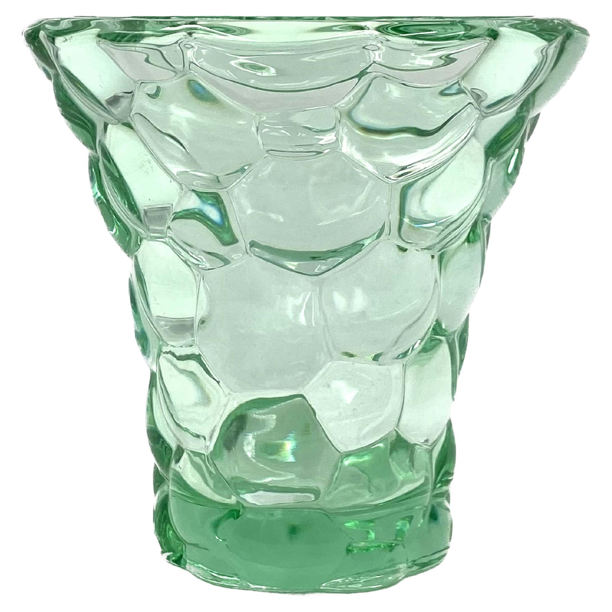 Pierre D'Avesn, Water green "Honeycomb" crystal vase, France 1930s For Sale