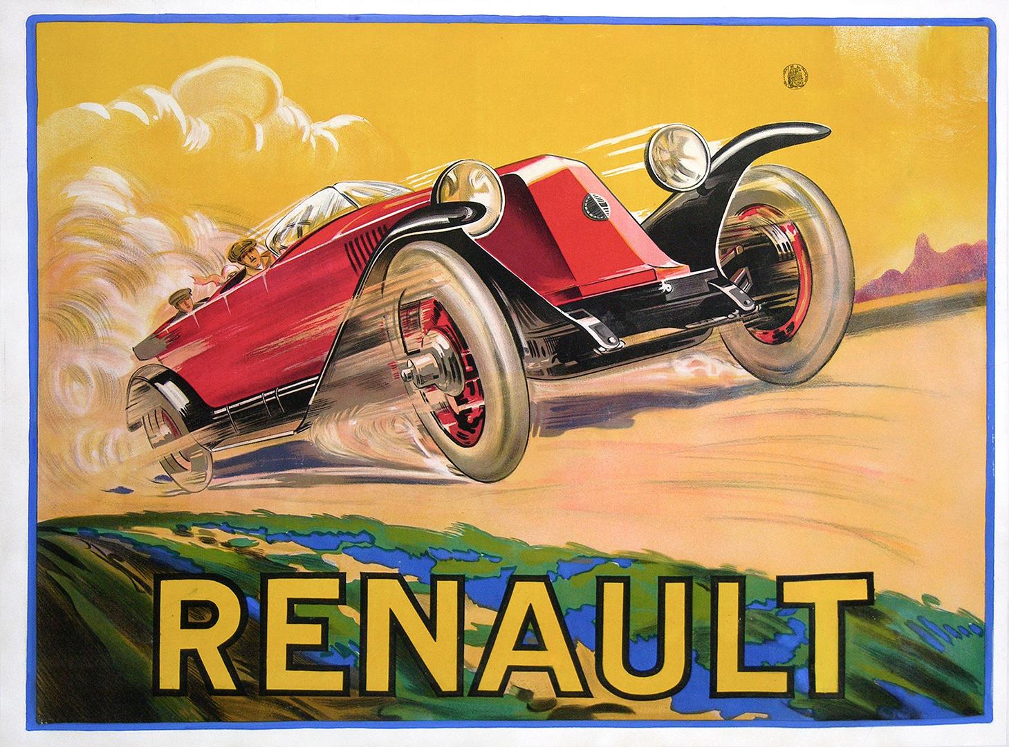 La estimulante sensación de velocidad se percibe en este emocionante diseño para coches Renault de Pierre de Bas. Es uno de los carteles de coches más raros creados durante esta época de rápida expansión automovilística posterior a la Primera Guerra