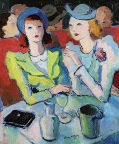 Au Cafe - Montmarte - Post Impressionist Figurative Oil by Pierre de Belay