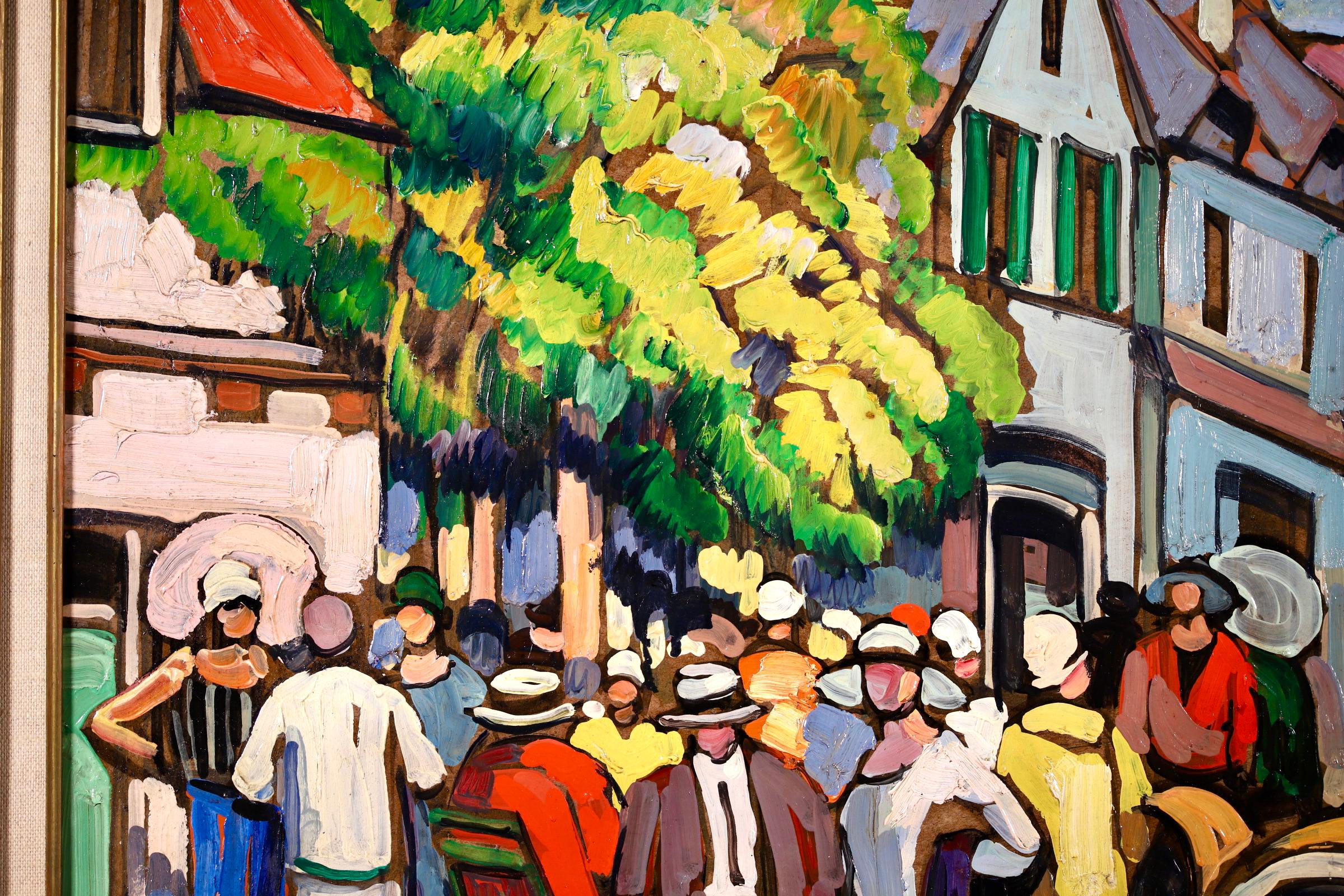 A charming oil on panel by French post impressionist painter Pierre de Belay painted in wonderful vibrant colours. The work depicts a street scene on a summer's day in Honfleur, France. Crowds are gathered on the street outside white houses with red