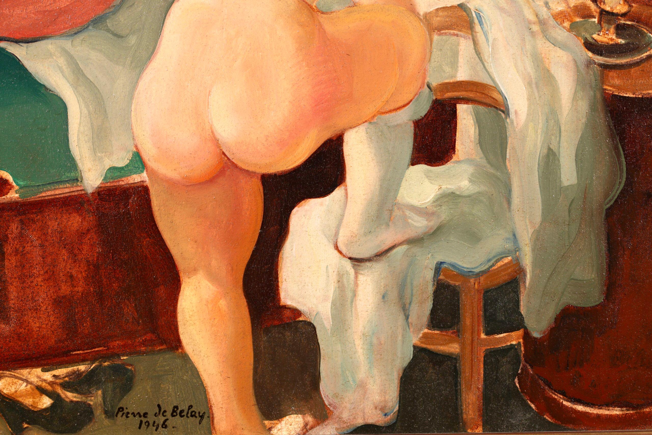 Le Coucher - Post Impressionist Nude in Interior Oil Painting by Pierre de Belay For Sale 4