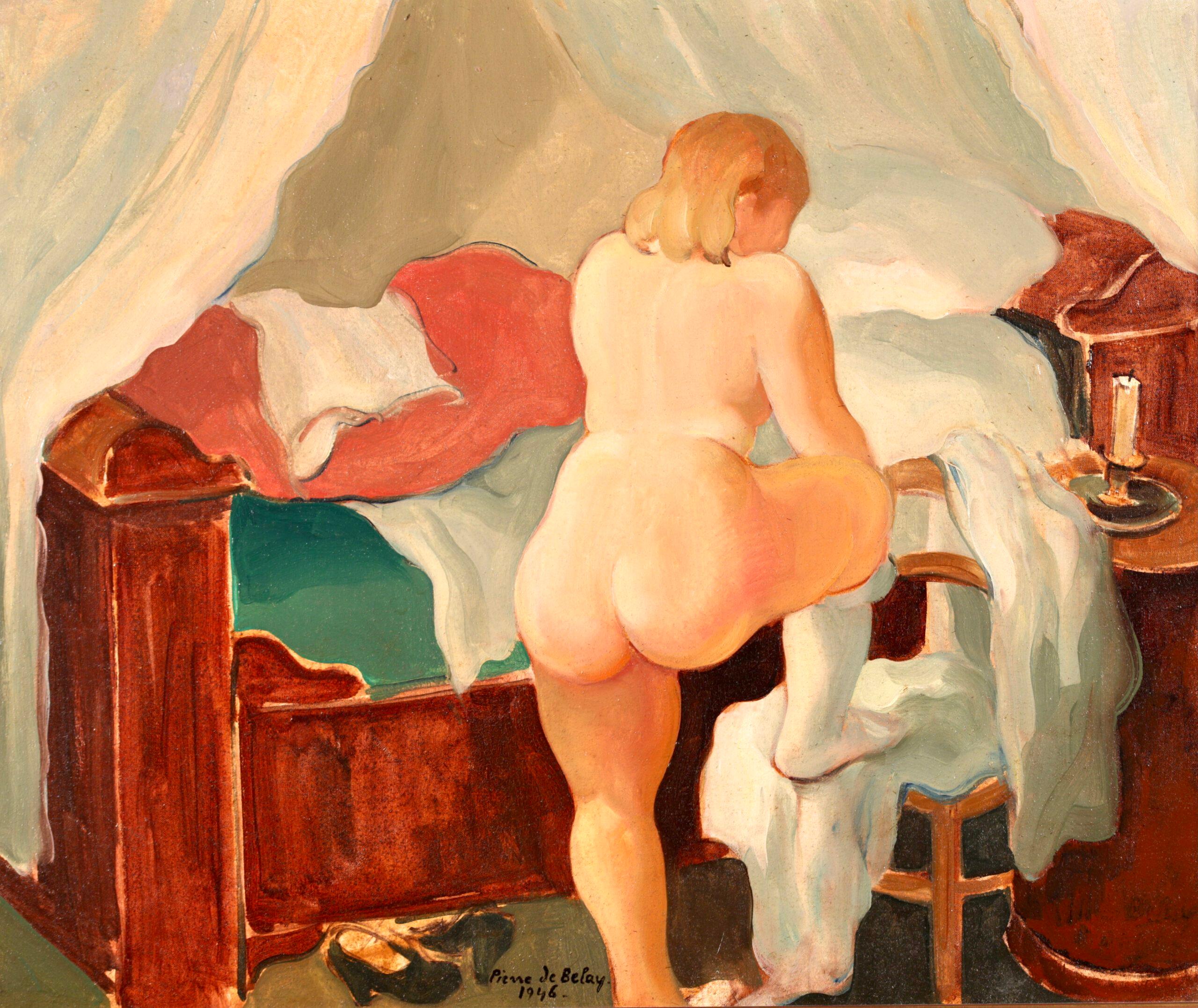 Signed and dated nude figure in interior oil on canvas by French post impressionist painter Pierre De Belay. This work depicts a painting of Pierre De Belay's wife - Helene. Here she is seen preparing for bed. The work was gifted to Roland & Denise