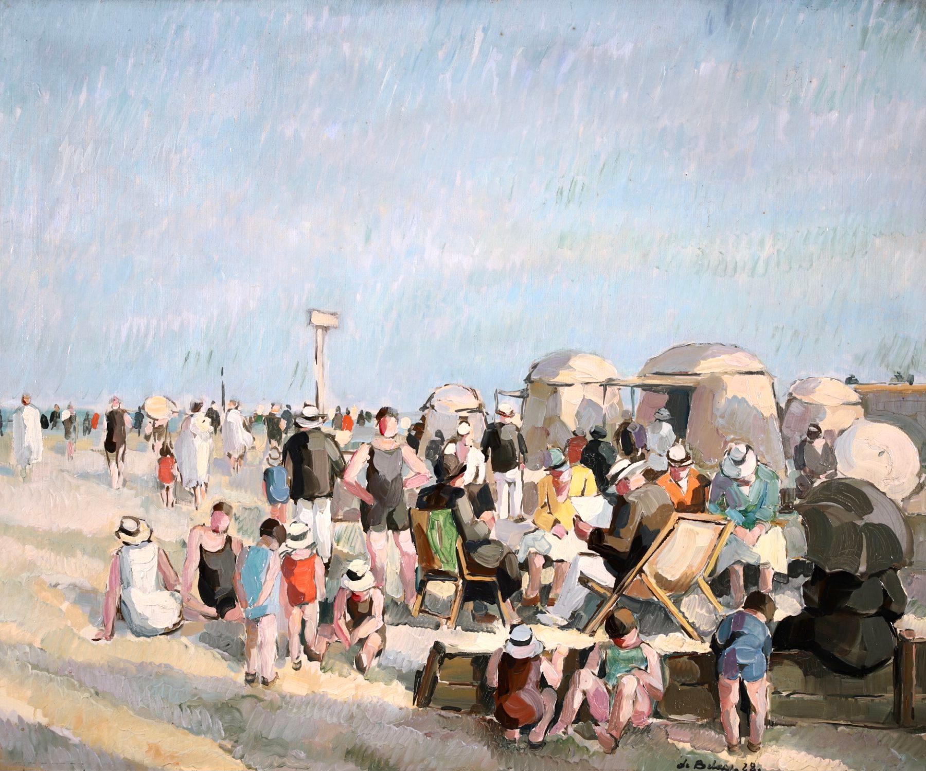 A beautiful oil on panel by French post impressionist painter Pierre de Belay. The work depicts families relaxing on the beach at Villerville under a clear blue sky on a beautiful summer's day. De Belay painted the beach at Villerville on many