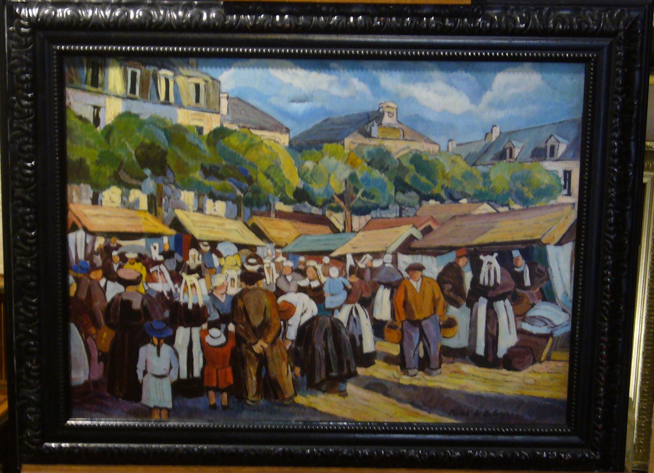 The breton market - oil on canvas, 42x58 cm., framed - Painting by Pierre de Belay