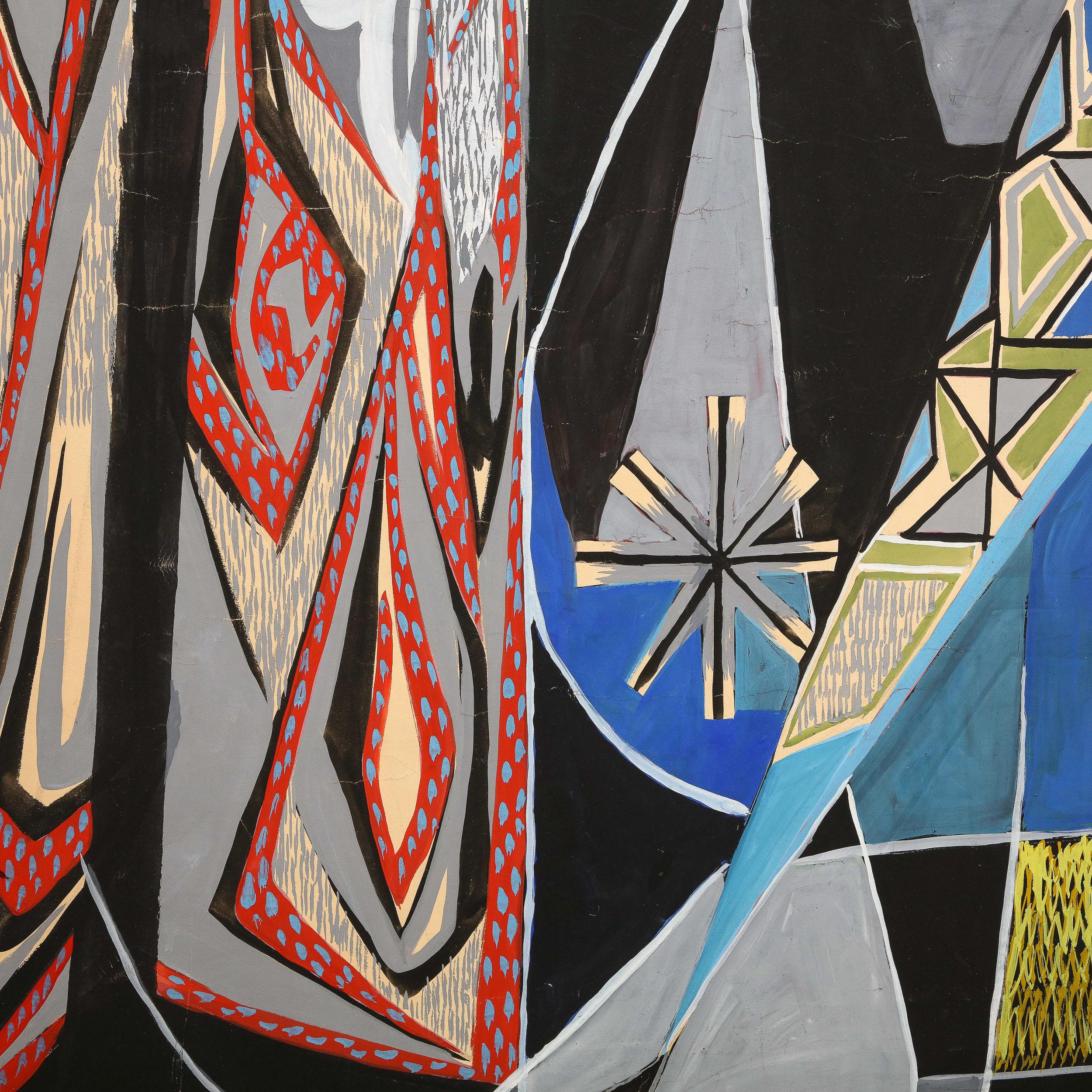 Mural in Gouache on Canvas of Draped Performers on Abstracted Symbolic Stage 1