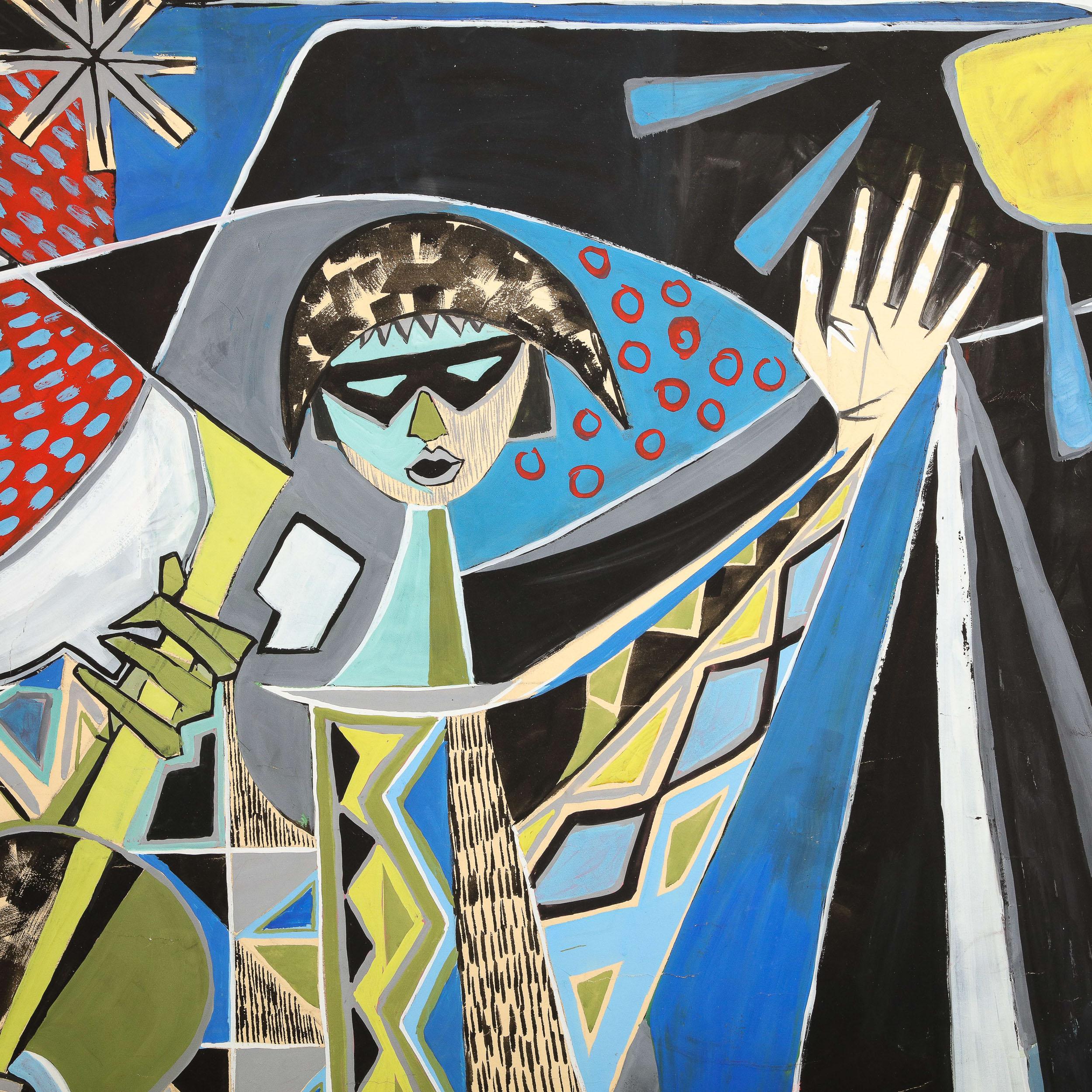 Mural in Gouache on Canvas of Draped Performers on Abstracted Symbolic Stage 3