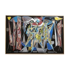 Vintage Mural in Gouache on Canvas of Draped Performers on Abstracted Symbolic Stage