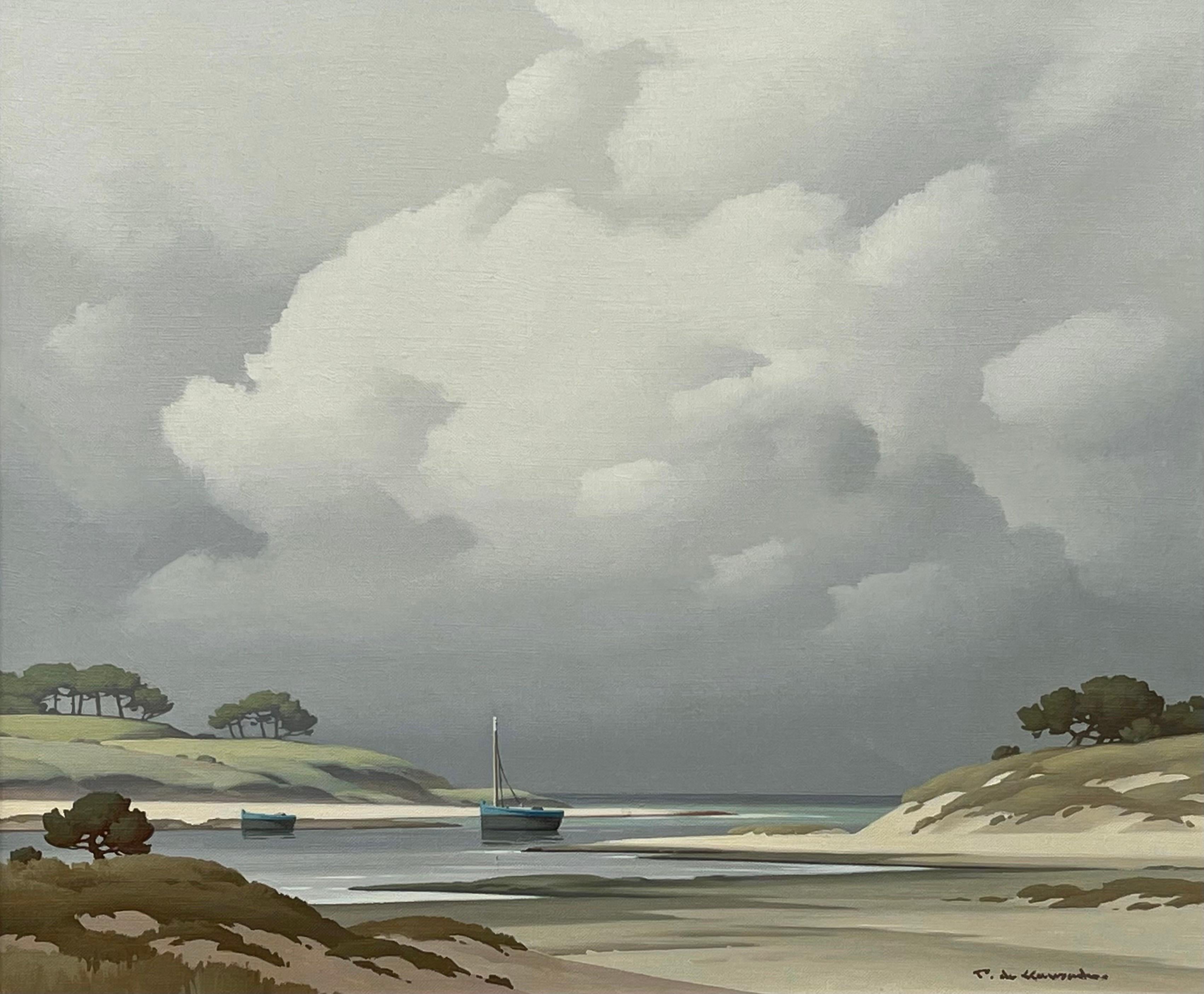 Coastal Seascape Landscape Painting with Boats by 20th Century French Artist - Gray Figurative Painting by Pierre de Clausade