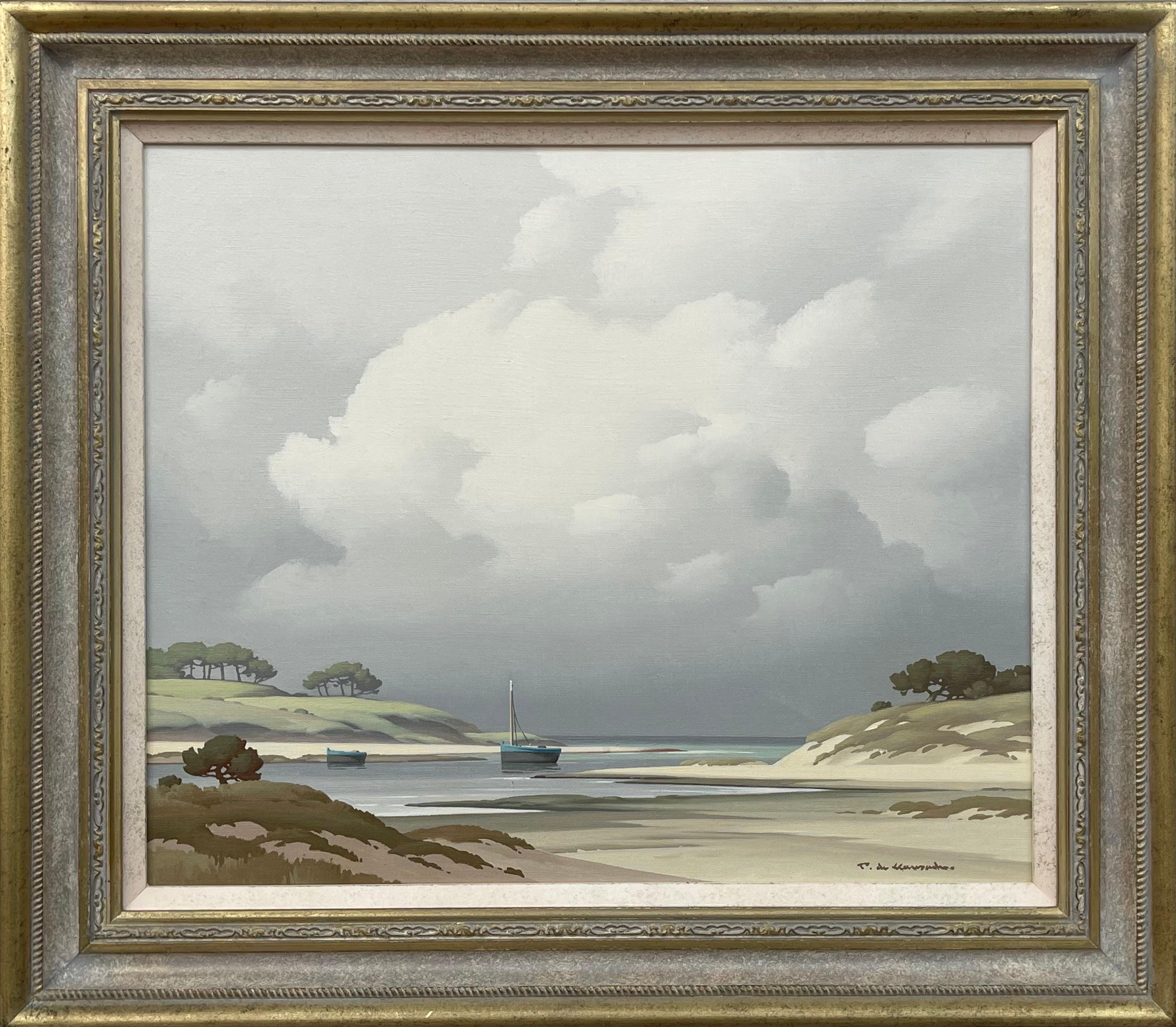 Coastal Seascape Landscape Painting with Boats by 20th Century French Artist