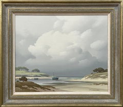 Peinture de paysage marin côtier avec bateaux par un artiste français du 20e siècle