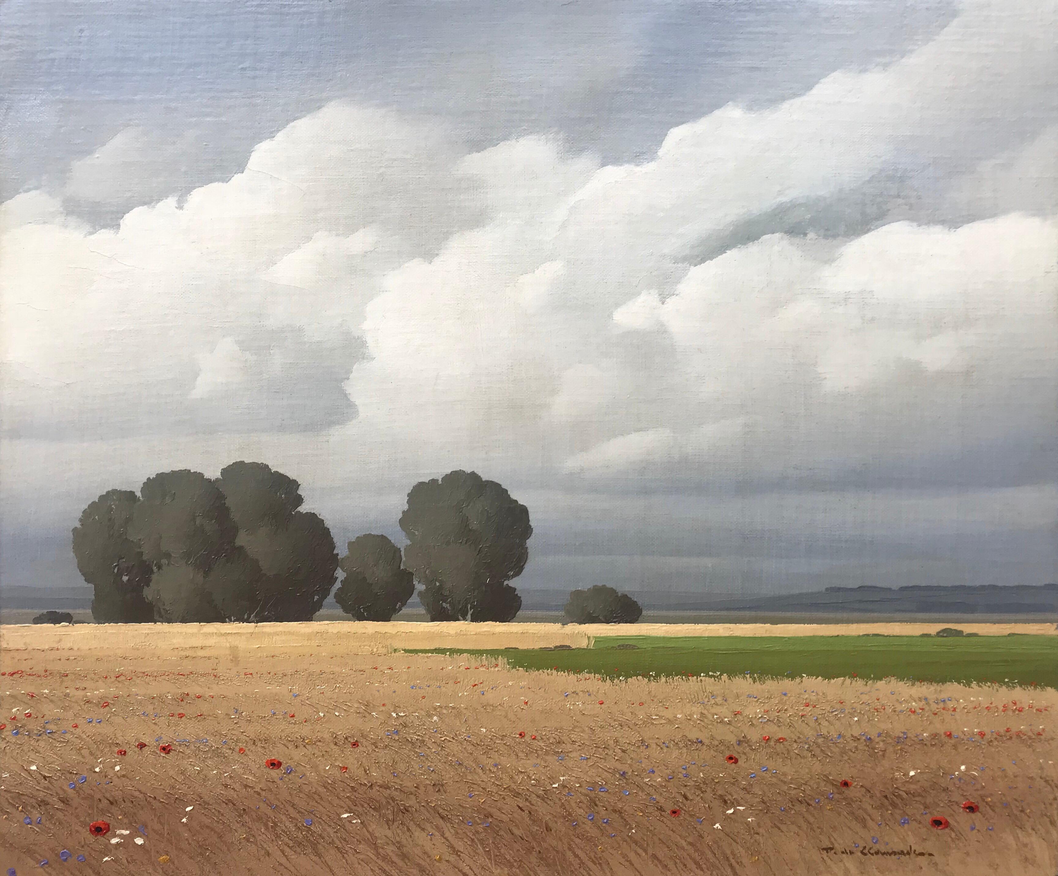 Wheat Fields and Poppies with Clouds Landscape Oil Painting by French Artist - Gray Landscape Painting by Pierre de Clausade