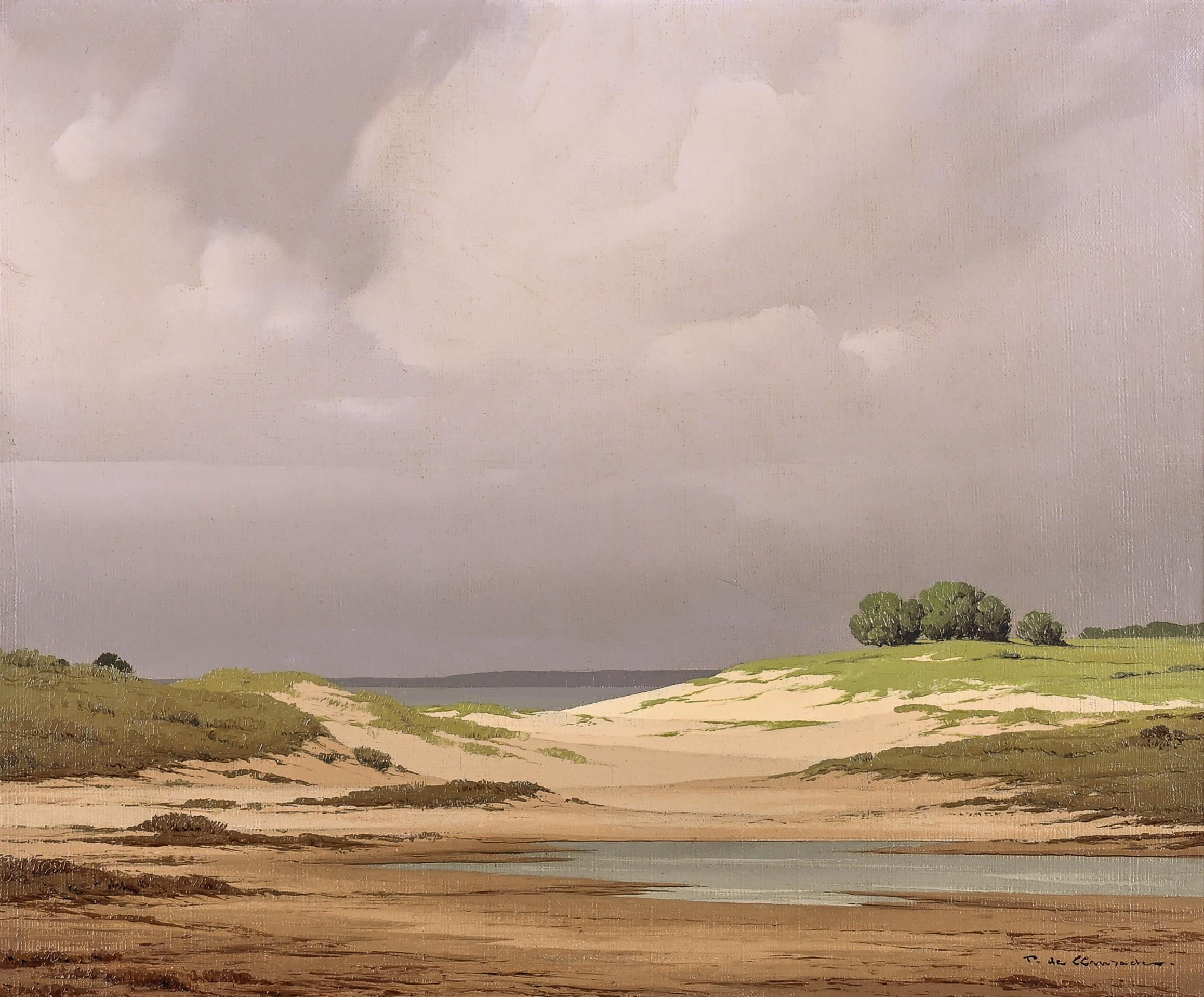 Framed size: 25.5" x 29.5"
Low Tide by Pierre Clausade is a serene, atmospheric landscape that captures the quiet stillness of a coastal scene at low tide. The composition is characterised by sweeping sandy expanses, gentle dunes, and a calm inlet