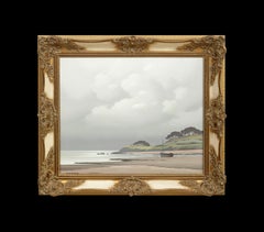 Pittura paesaggistica impressionista della Bretagna, Francia, “Bretagne”, barche, spiaggia