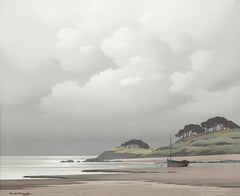 Pittura paesaggistica impressionista della Bretagna, Francia, “Bretagne”, barche, spiaggia