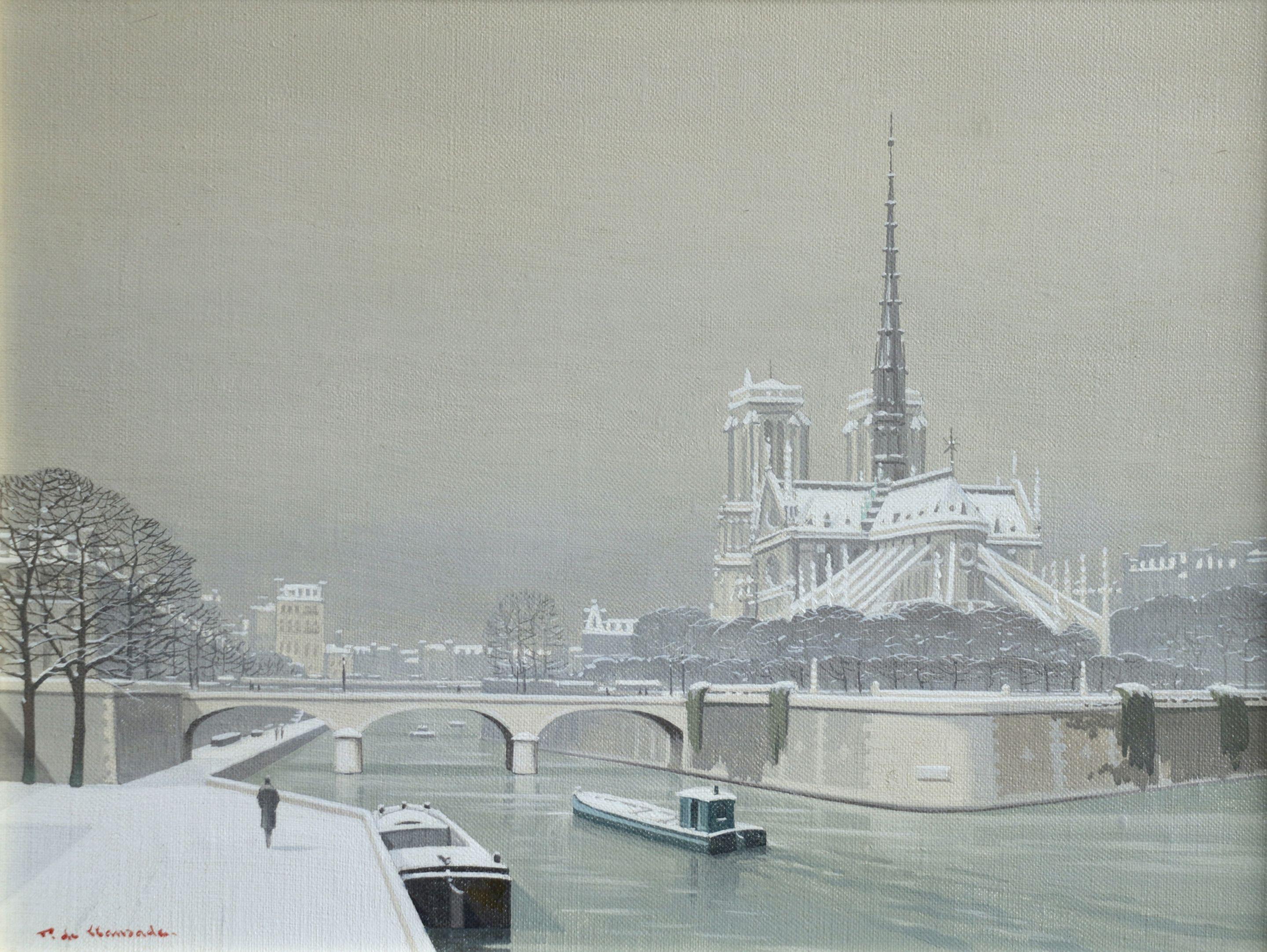 Notre Dame sous la Neige - Boats on River Winter Snow Lanscape by de Clausade - Painting by Pierre de Clausade