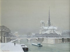 Notre Dame sous la Neige - Paysage de neige d'hiver avec bateaux sur rivière par de Clausade
