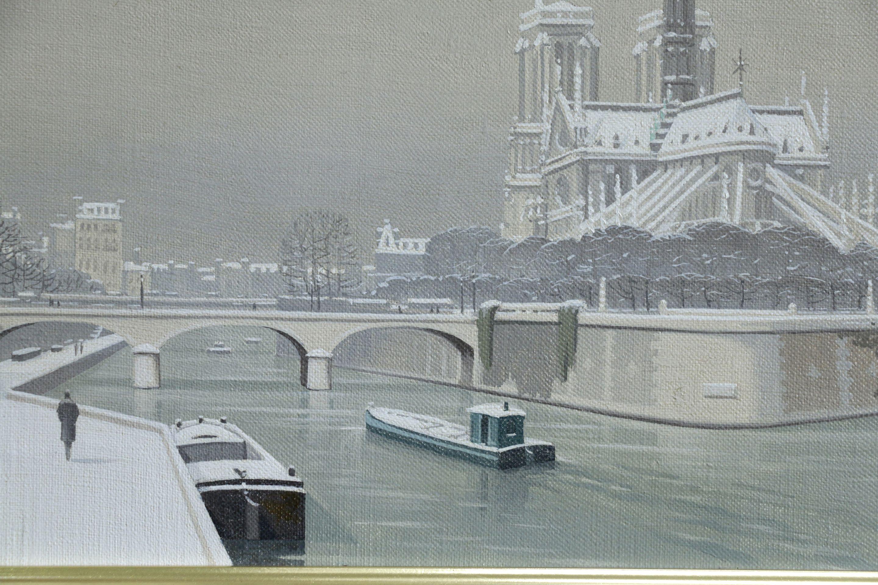 Notre Dame sous la Neige - Boats on River Winter Snow Lanscape by de Clausade - Post-Impressionist Painting by Pierre de Clausade