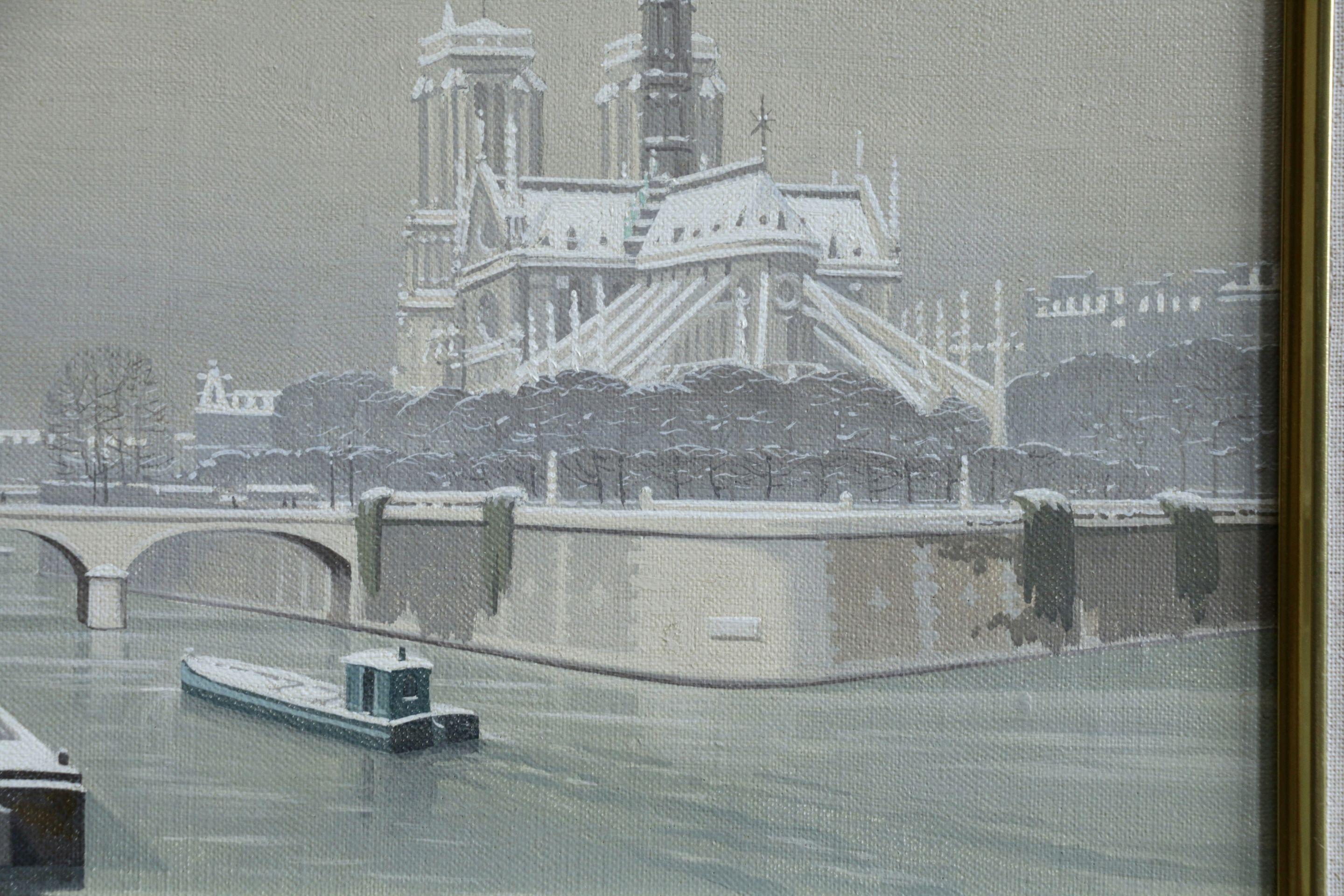 Notre Dame sous la Neige - Boats on River Winter Snow Lanscape by de Clausade - Gray Figurative Painting by Pierre de Clausade