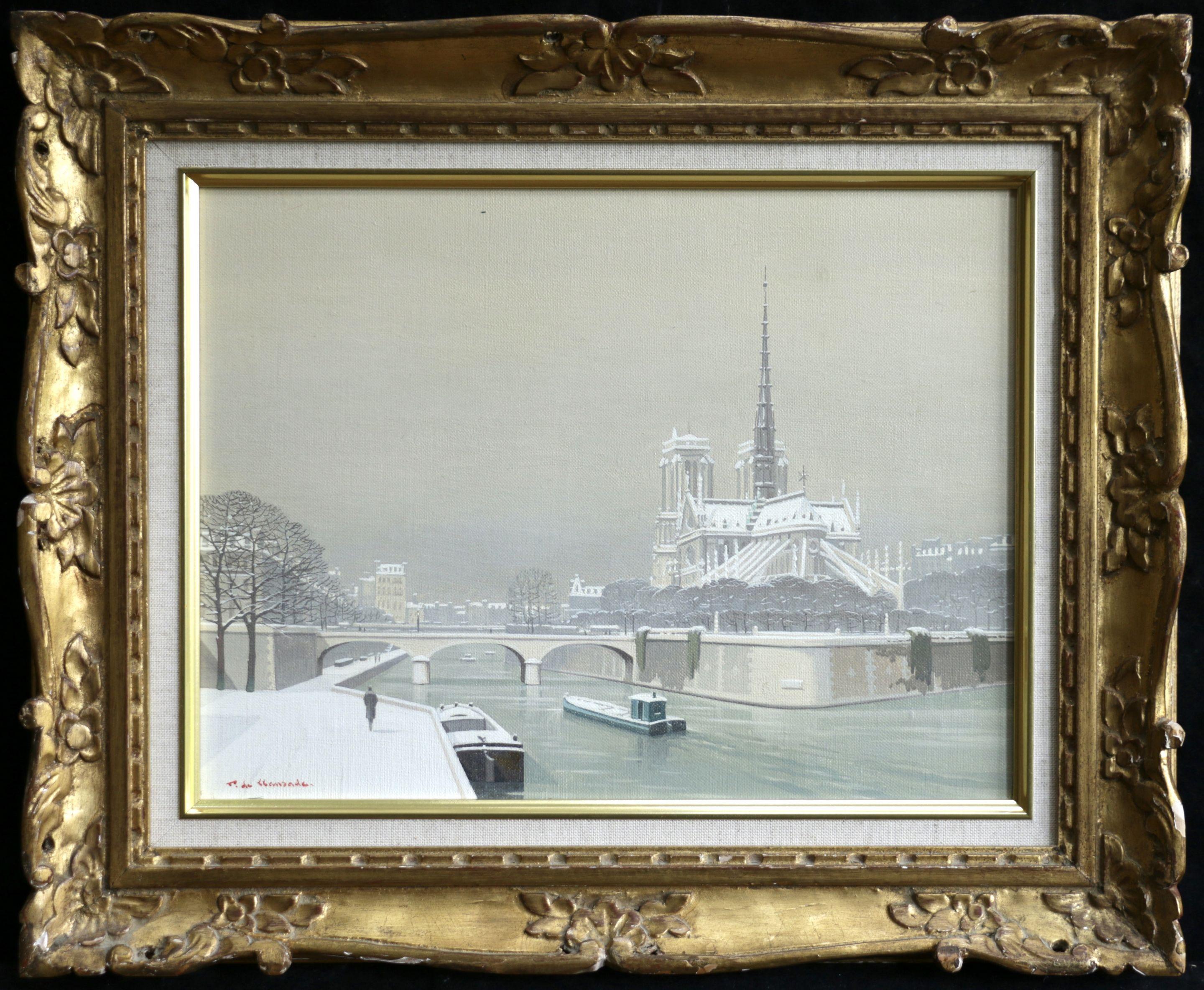 Pierre de Clausade Figurative Painting - Notre Dame sous la Neige - Boats on River Winter Snow Lanscape by de Clausade