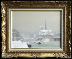 Vintage Notre Dame sous la Neige - Boats on River Winter Snow Lanscape by de Clausade