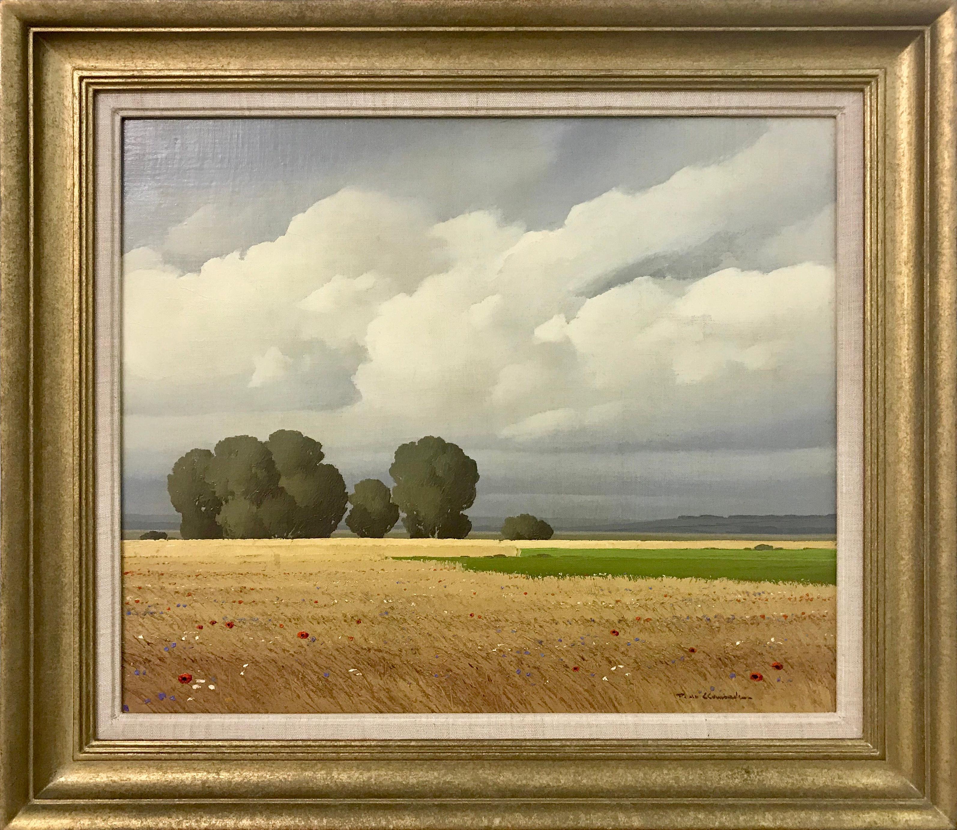 Pierre de Clausade Landscape Painting - Wheat Fields and Poppies with Clouds Landscape Oil Painting by French Artist
