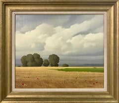 Peinture à l'huile d'un artiste français - Paysage de champs de blé et de peupliers avec nuages