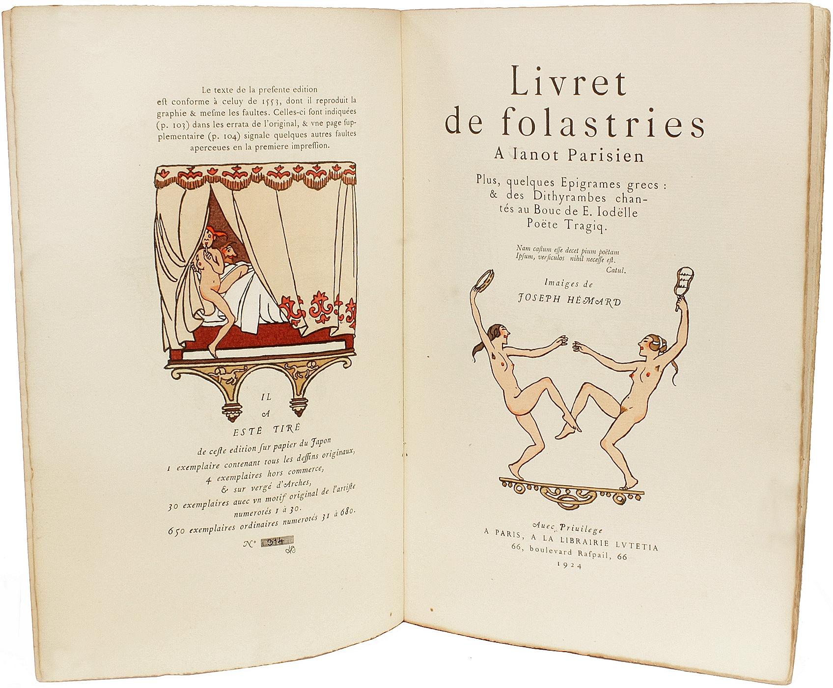 Pierre de RONSARD. Livret de Folastries a Ianot Parisien. ÉDITION LIMITÉE - 1924 Bon état - En vente à Hillsborough, NJ