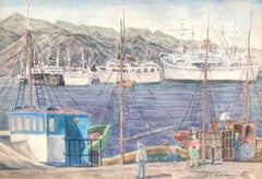 Ocean liners, Santa Cruz of Tenerife by Pierre Desaules - Gouache on paper 30x44