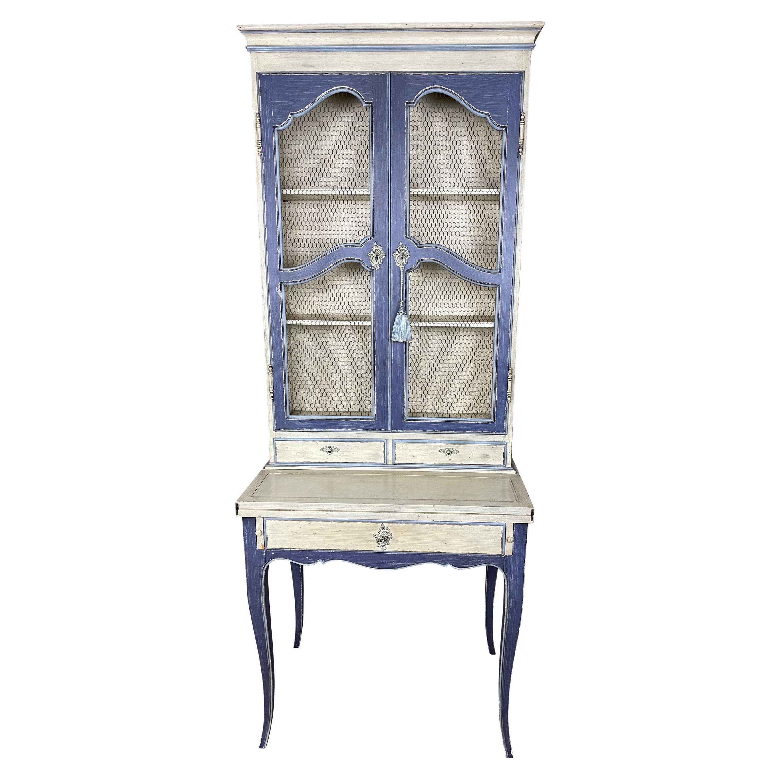 Pierre Deux French Country Blue Secretaire Desk with Wire Doors