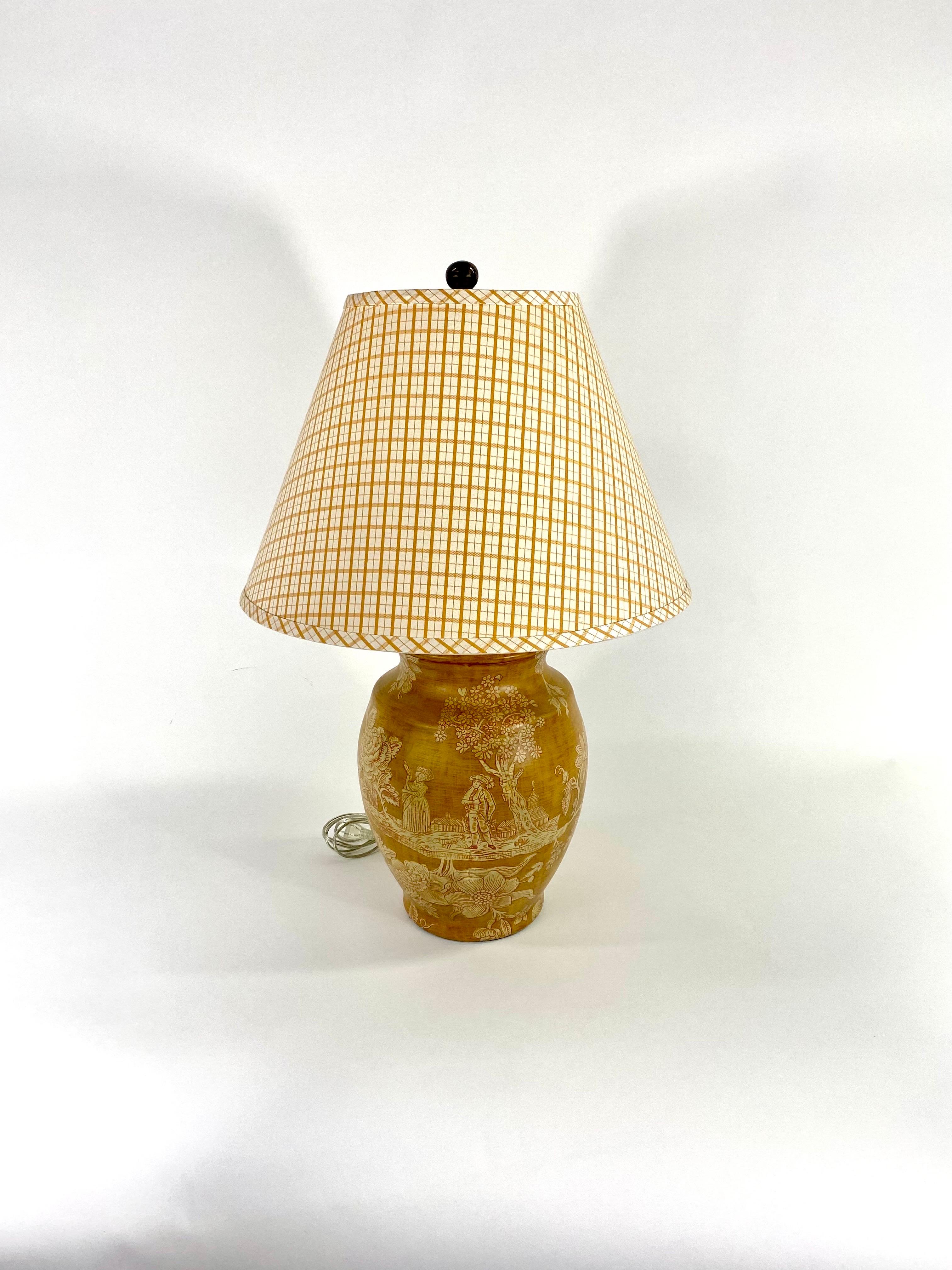 French Provincial Pierre Deux French Country Ceramic Yellow Table Lamp with Custom Shade