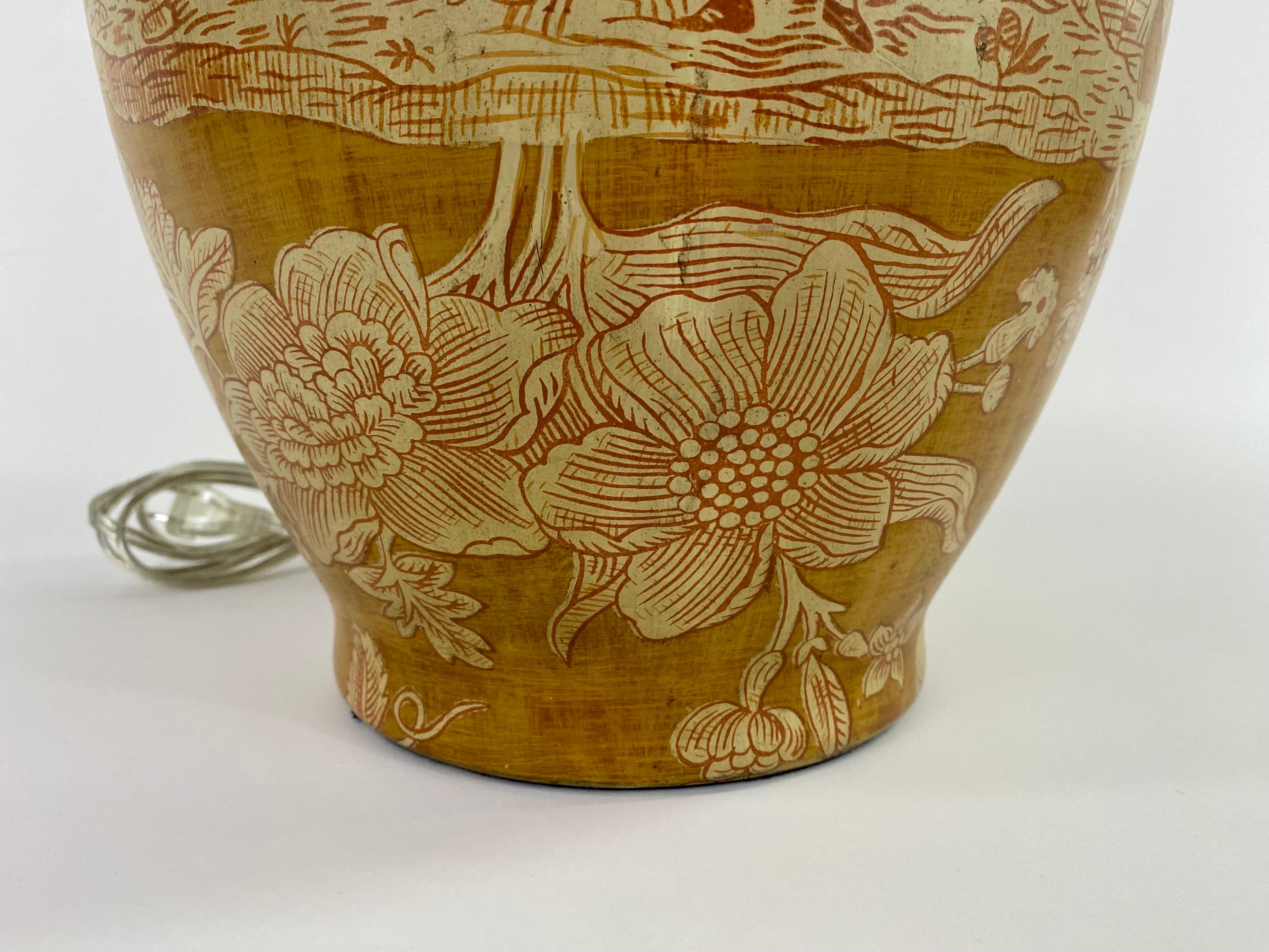 Pierre Deux French Country Ceramic Yellow Table Lamp with Custom Shade In Good Condition In Plainview, NY