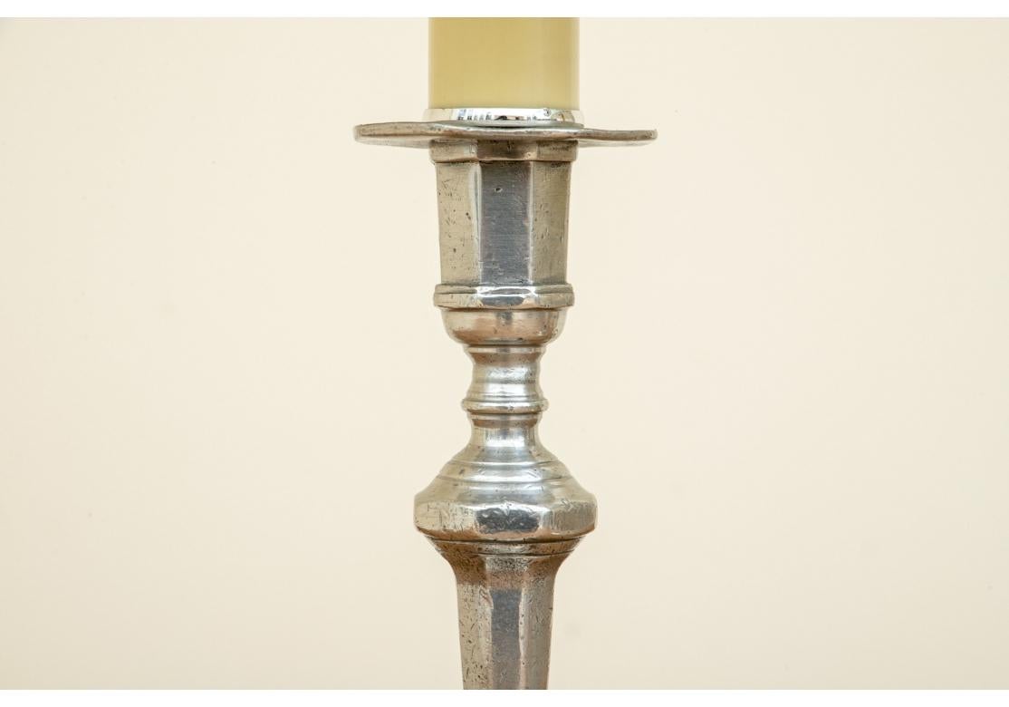 French Provincial Pierre Deux Pair Of Pewter Candlestick Lamps With Shades For Sale