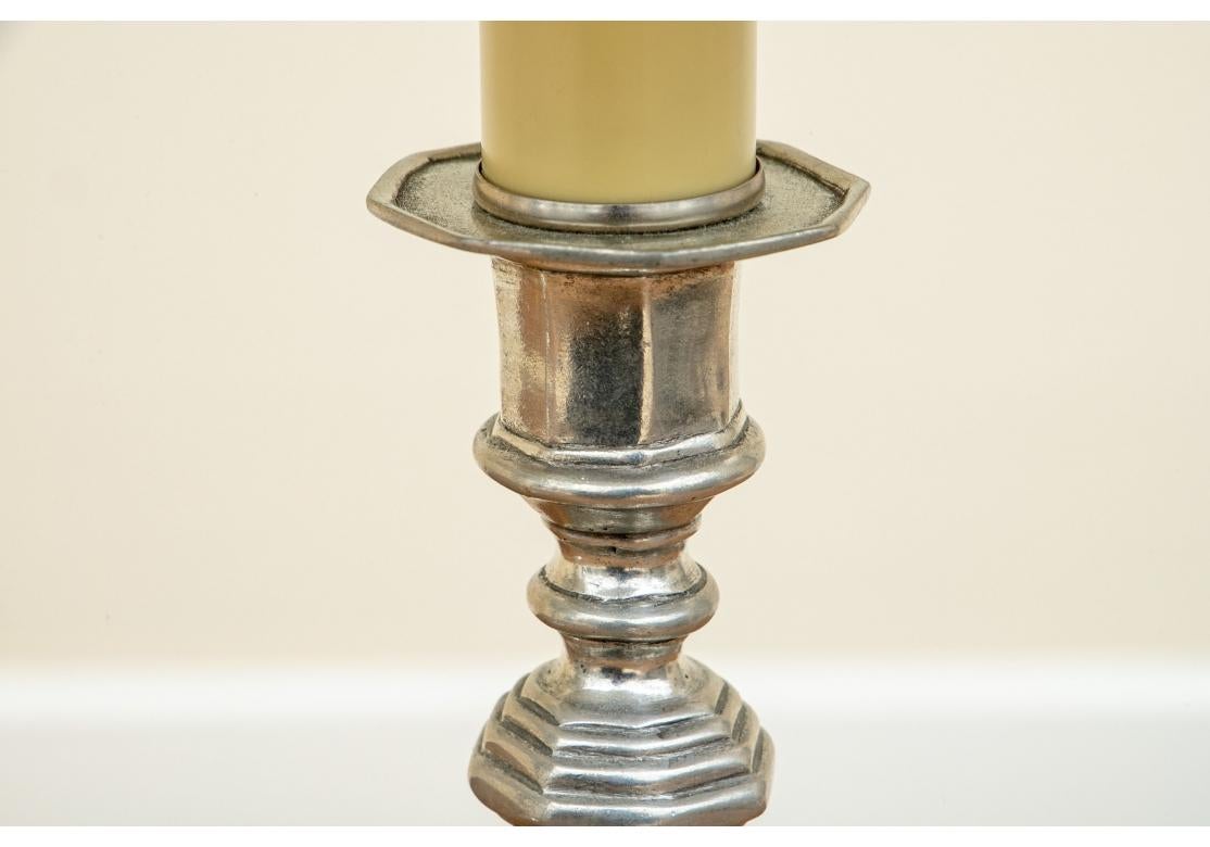 Fabric Pierre Deux Pair Of Pewter Candlestick Lamps With Shades For Sale
