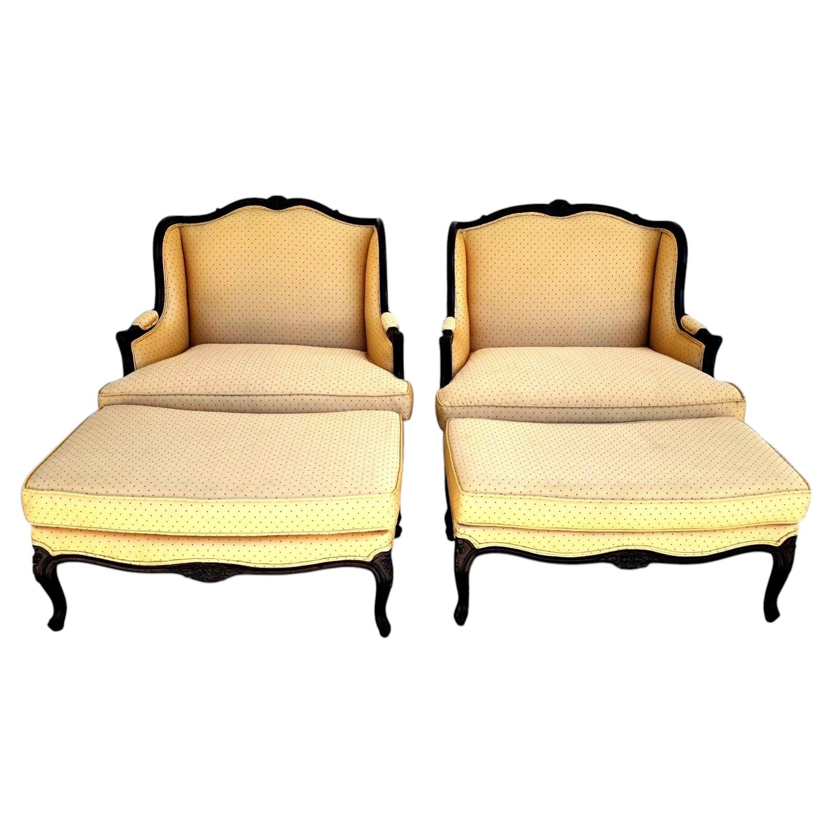 Pierre Deux Style French Country Provincial Bergere Lounge Chairs & Ottomans