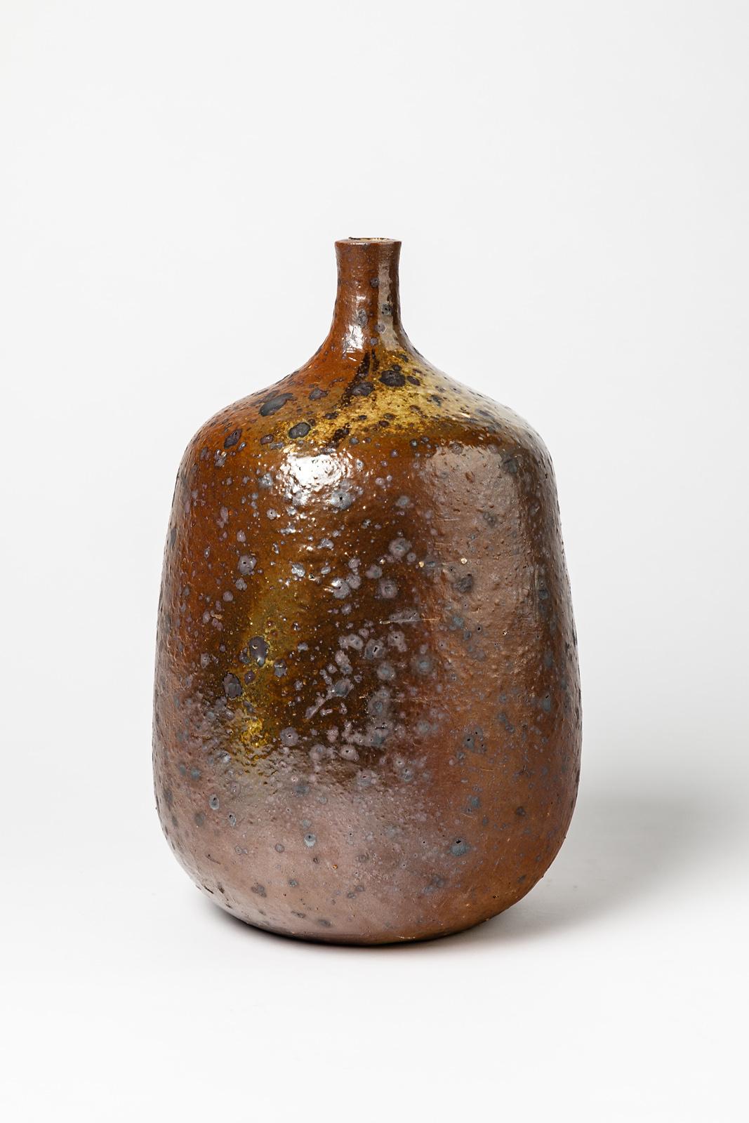 French Pierre Digan Brown Stoneware Ceramic Bottle or Vase La Borne Midcentury Design
