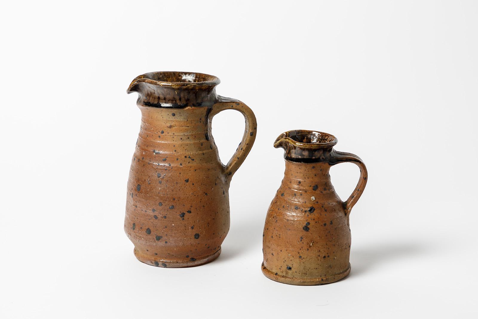Mid-Century Modern Pierre Digan La Borne Pair of Brown and Black Stoneware Ceramic Pitchers, 1970 For Sale