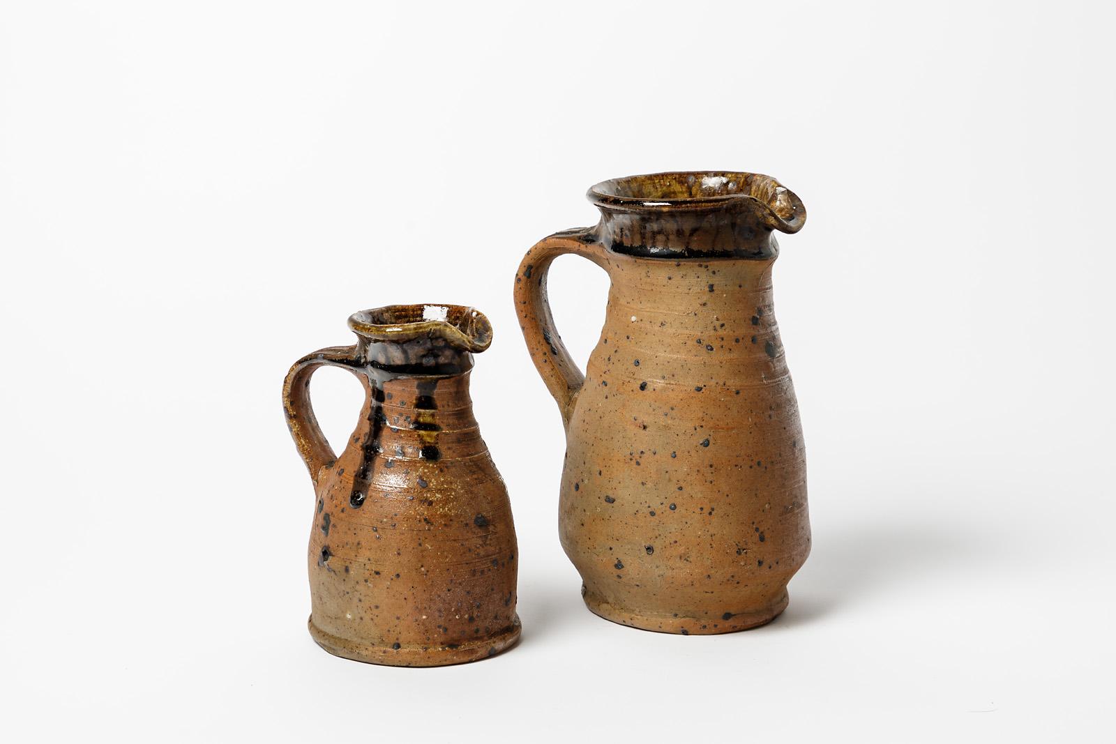 French Pierre Digan La Borne Pair of Brown and Black Stoneware Ceramic Pitchers, 1970 For Sale