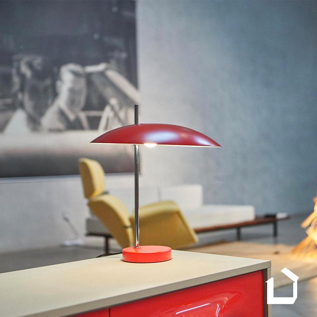 Pierre Disderot Model #1013 table lamp in red and chrome for Disderot France. Originally designed in 1955, this clean and refined table lamp is an authorized re-edition by Disderot made with many of the same small-scale manufacturing techniques and