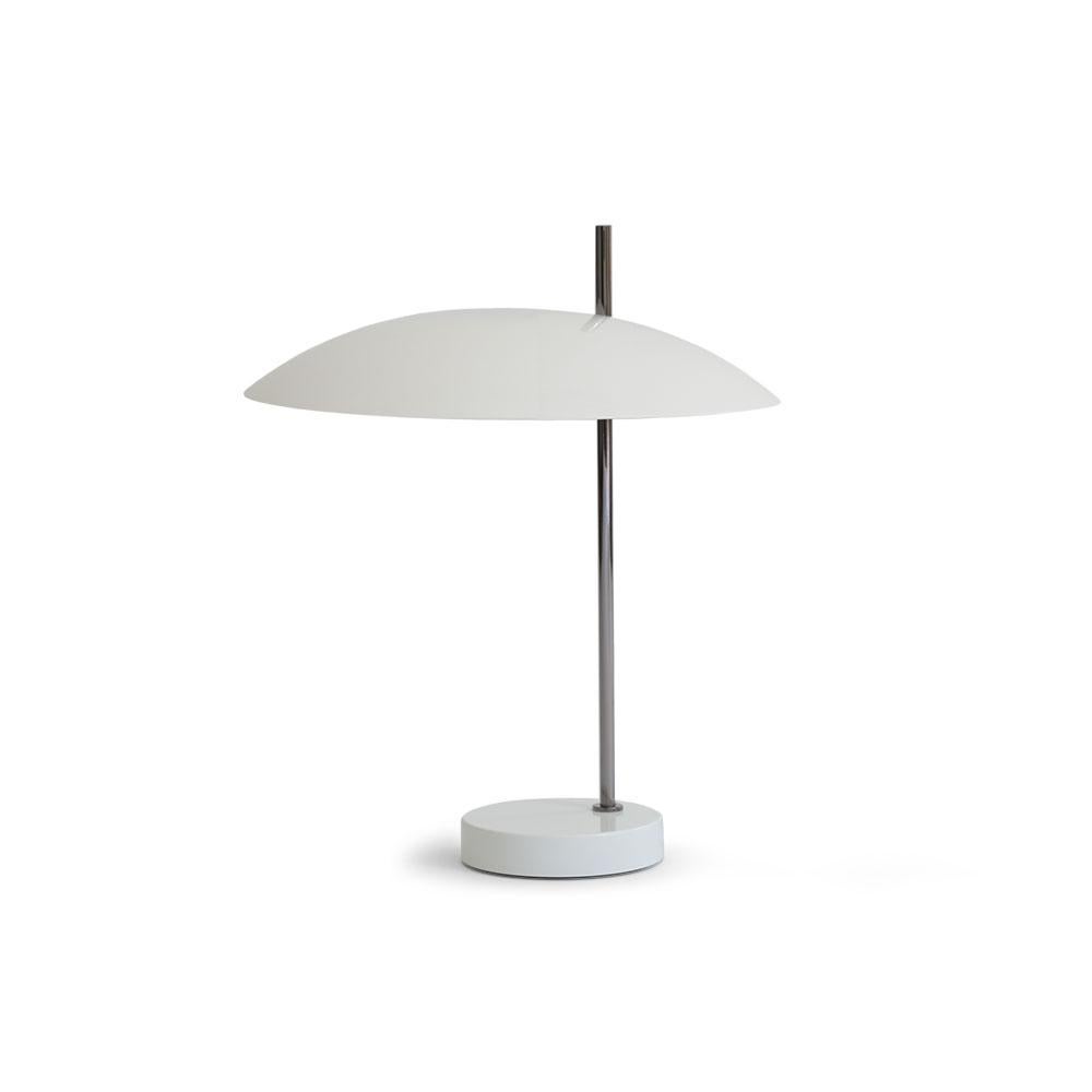 Pierre Disderot model #1013 table lamp in white and chrome for Disderot France. Originally designed in 1955, this clean and refined table lamp is an authorized re-edition by Disderot made with many of the same small-scale manufacturing techniques