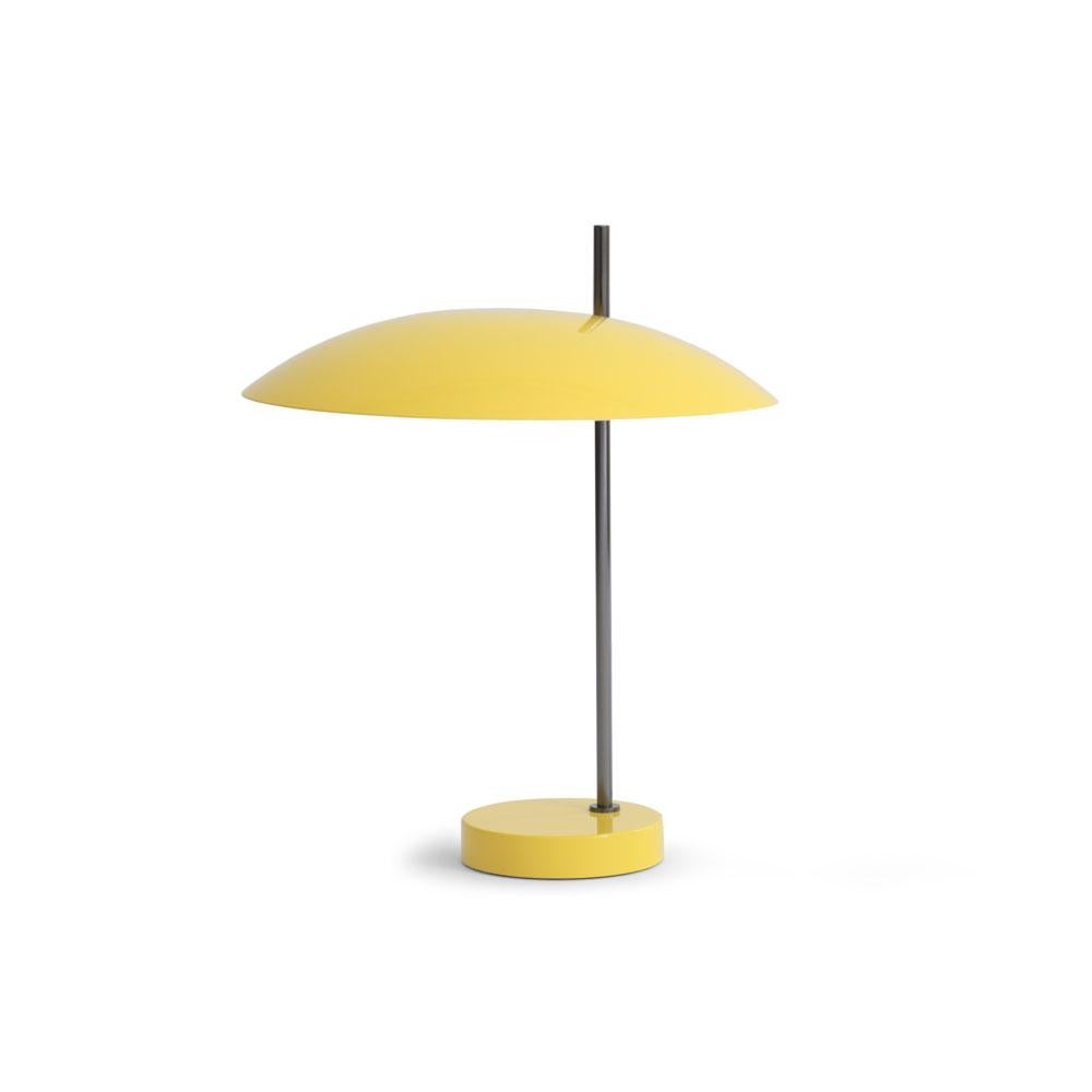 Pierre Disderot model #1013 table lamp in yellow and gunmetal for Disderot, France. Originally designed in 1955, this clean and refined table lamp is an authorized re-edition by Disderot made with many of the same small-scale manufacturing