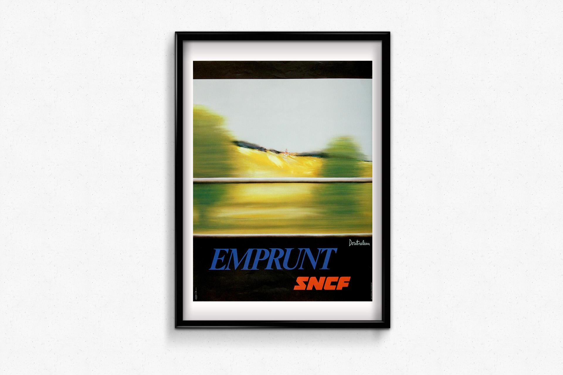 Dieses Emprunt SNCF-Plakat von Doutreleau aus dem Jahr 1979 ist ein kühnes Beispiel für das französische Grafikdesign der späten 70er Jahre. Es kombiniert lebhafte Farbkontraste und starke Geometrie, um eine Botschaft für öffentliche Investitionen