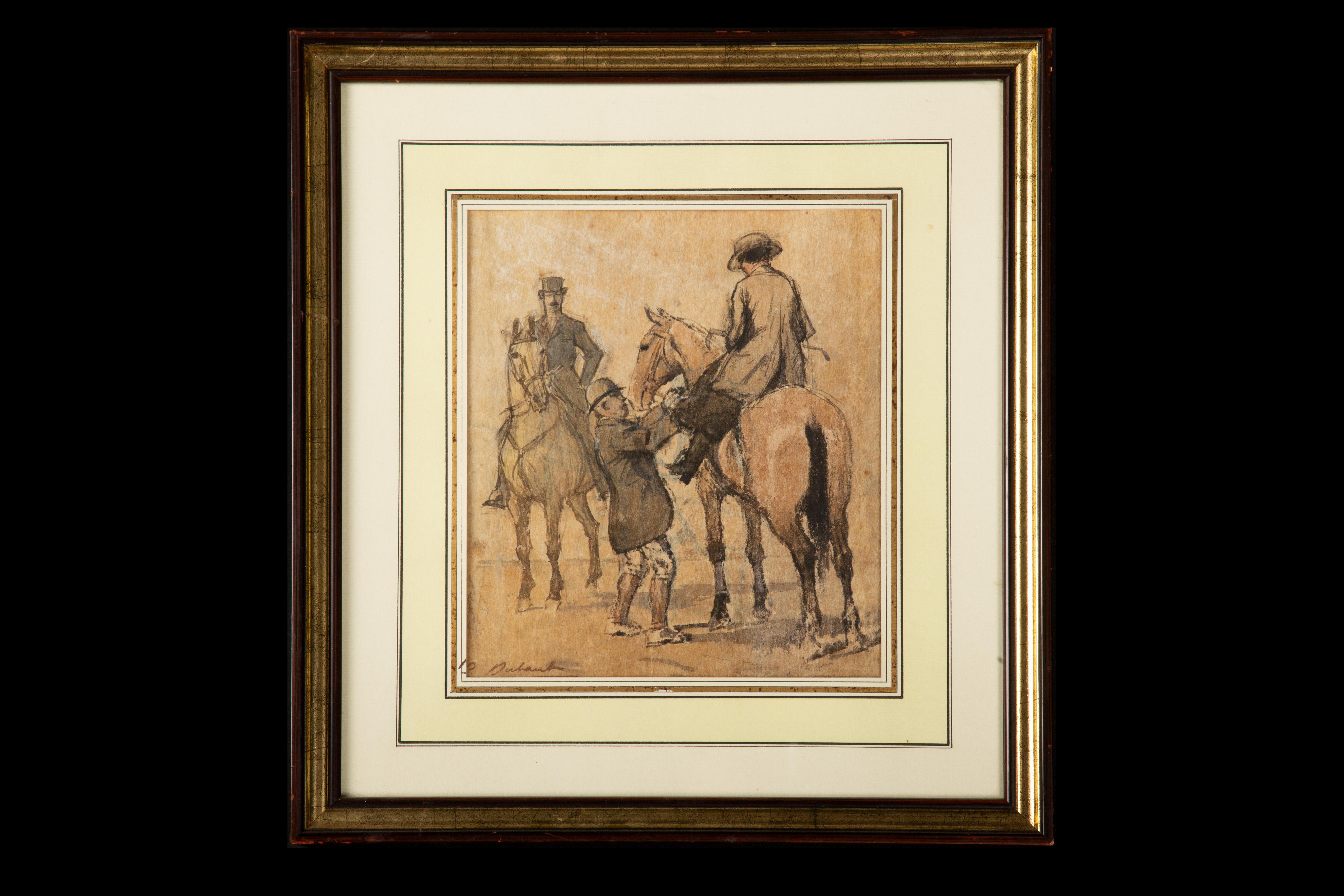 PIERRE OLIVIER DUBAUT (1886-1968)  Tuschemalerei eines Mannes und einer Frau auf dem Rücken eines Pferdes