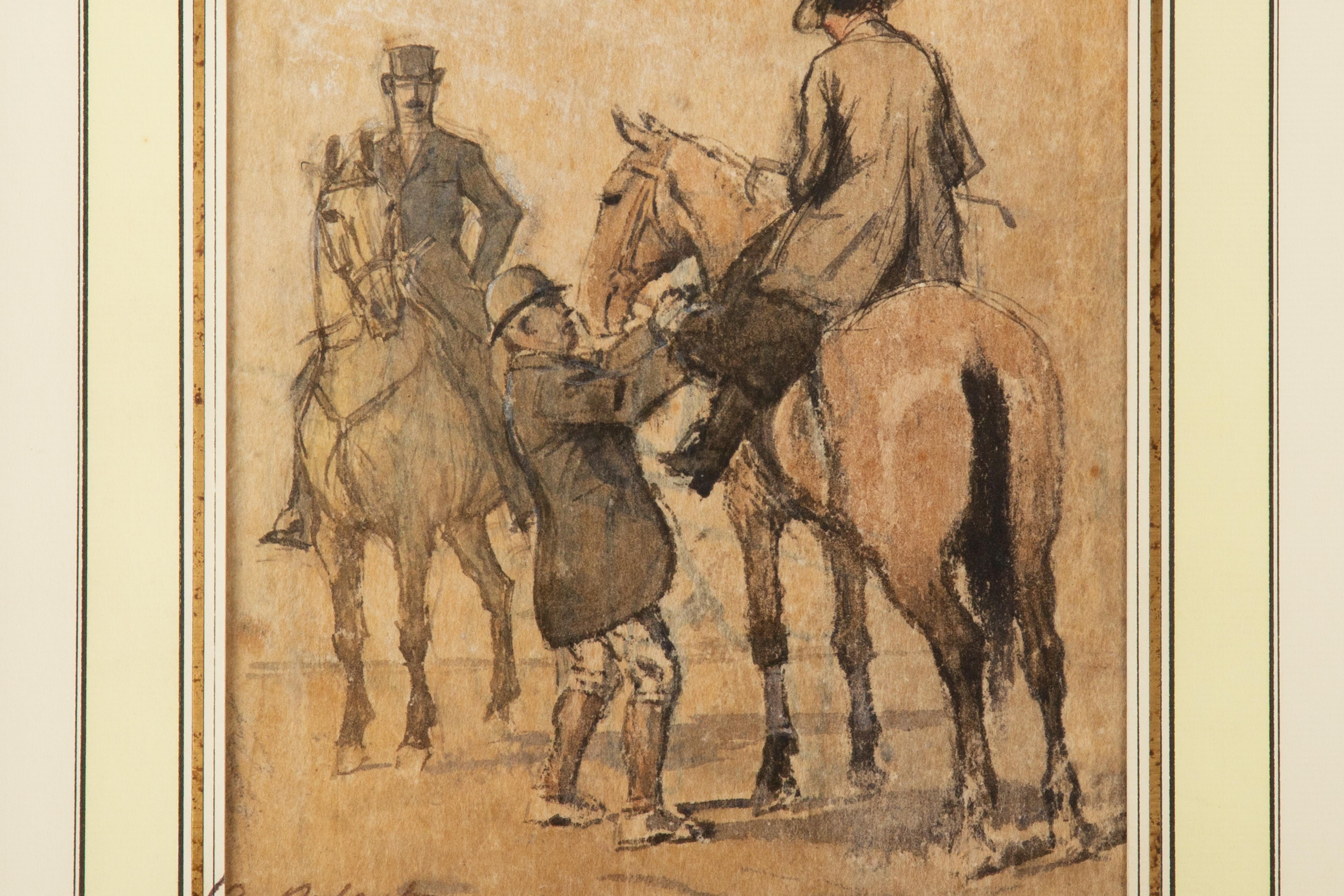 Pierre DUBAUT (1886-1968) Ink Painting of a Man and Woman on Horse Back In Excellent Condition For Sale In New York, NY
