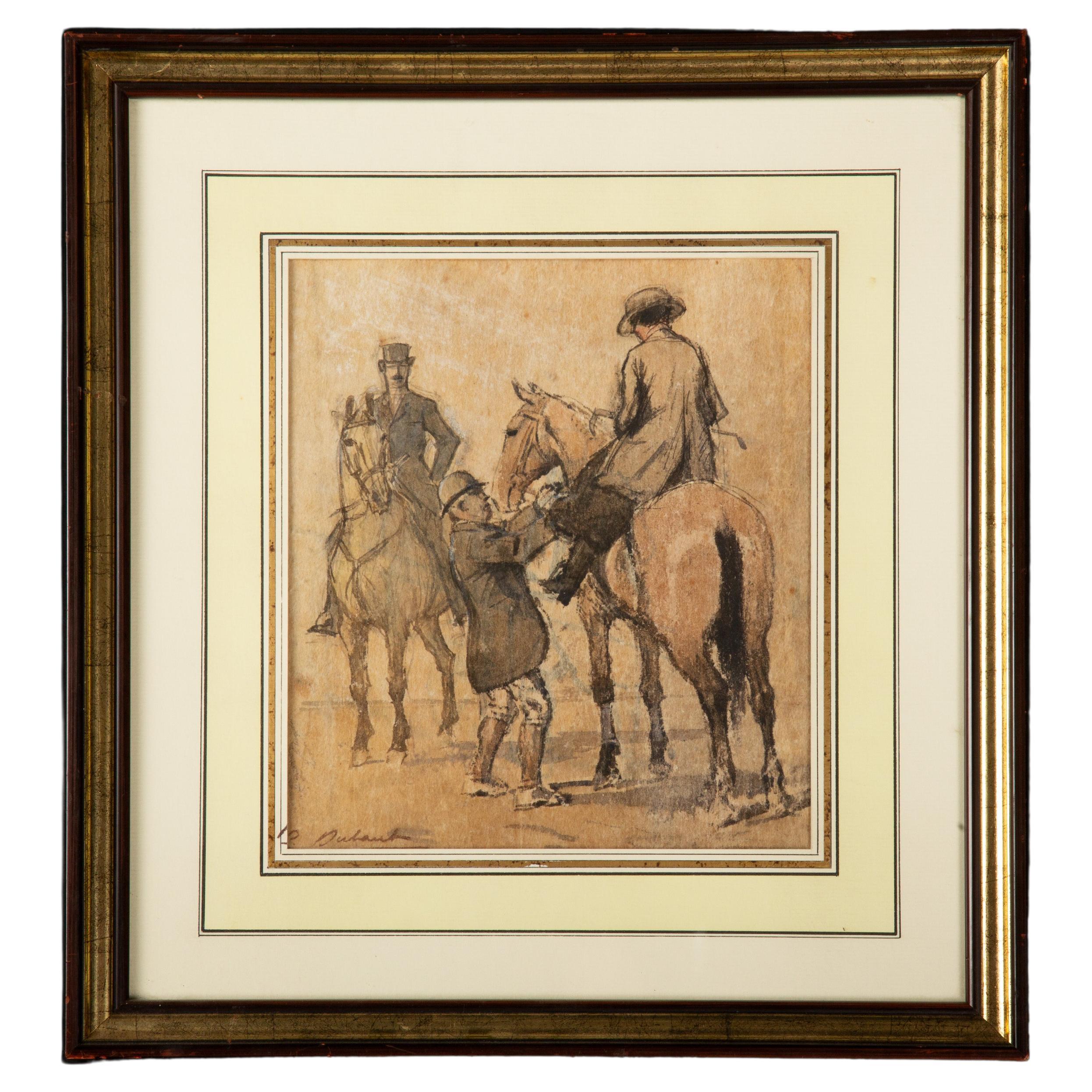 Pierre DUBAUT (1886-1968) Tuschegemälde eines Mannes und einer Frau auf Pferdrücken im Angebot