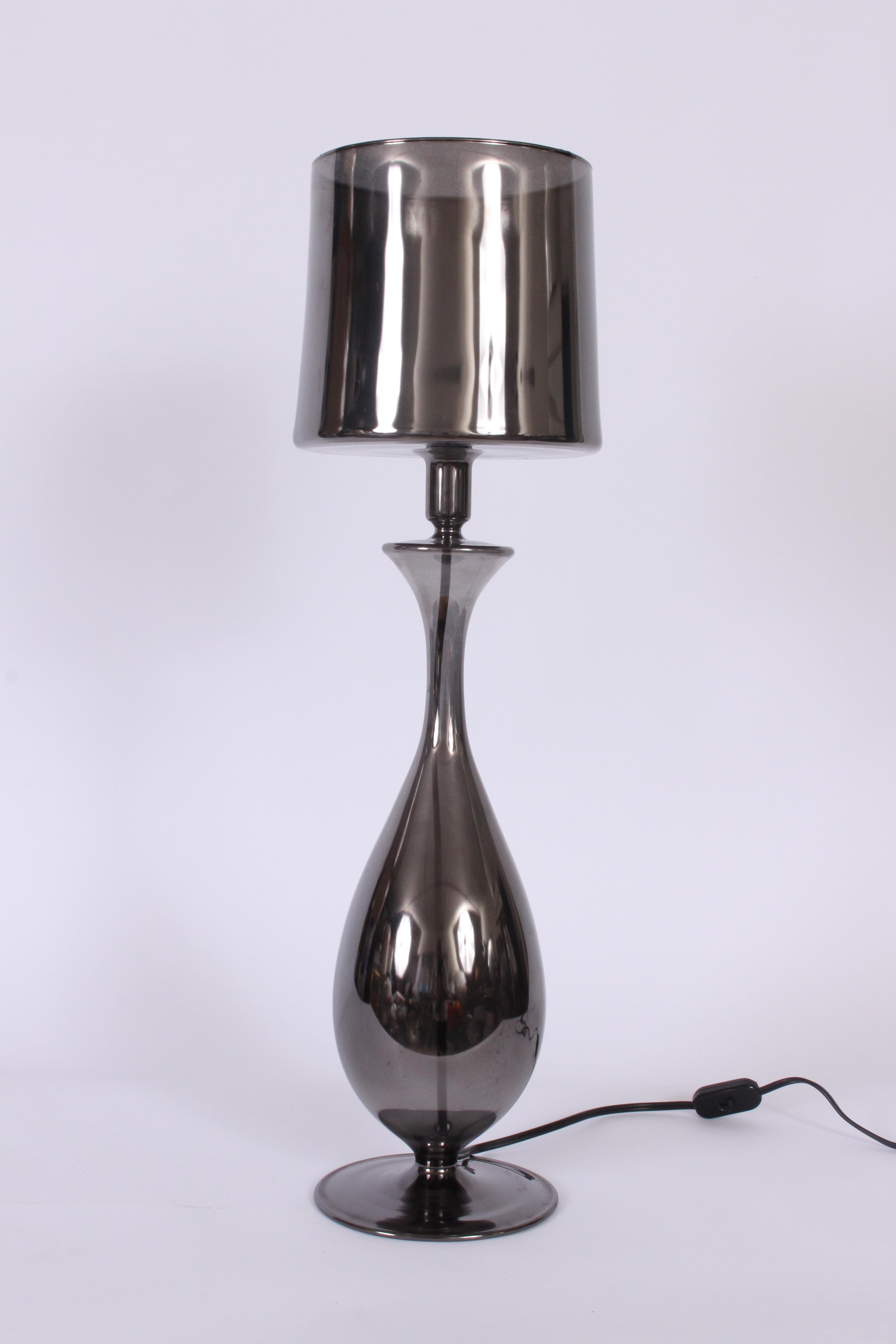 Tall Les Heritiers Pierre Dubois and Aimé-Cécil Noury designed Goutte Translucent Dark Grey All Glass Table Lamp, circa 1993. One-piece. With 8D Shade. Candelabra socket. Cord switch. French Art Glass. Slim. Small footprint. With affixed label to
