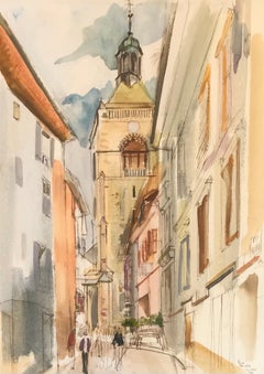 Vintage Bugnet street, Evian by Pierre Duc - watercolor on paper 54x73 cm